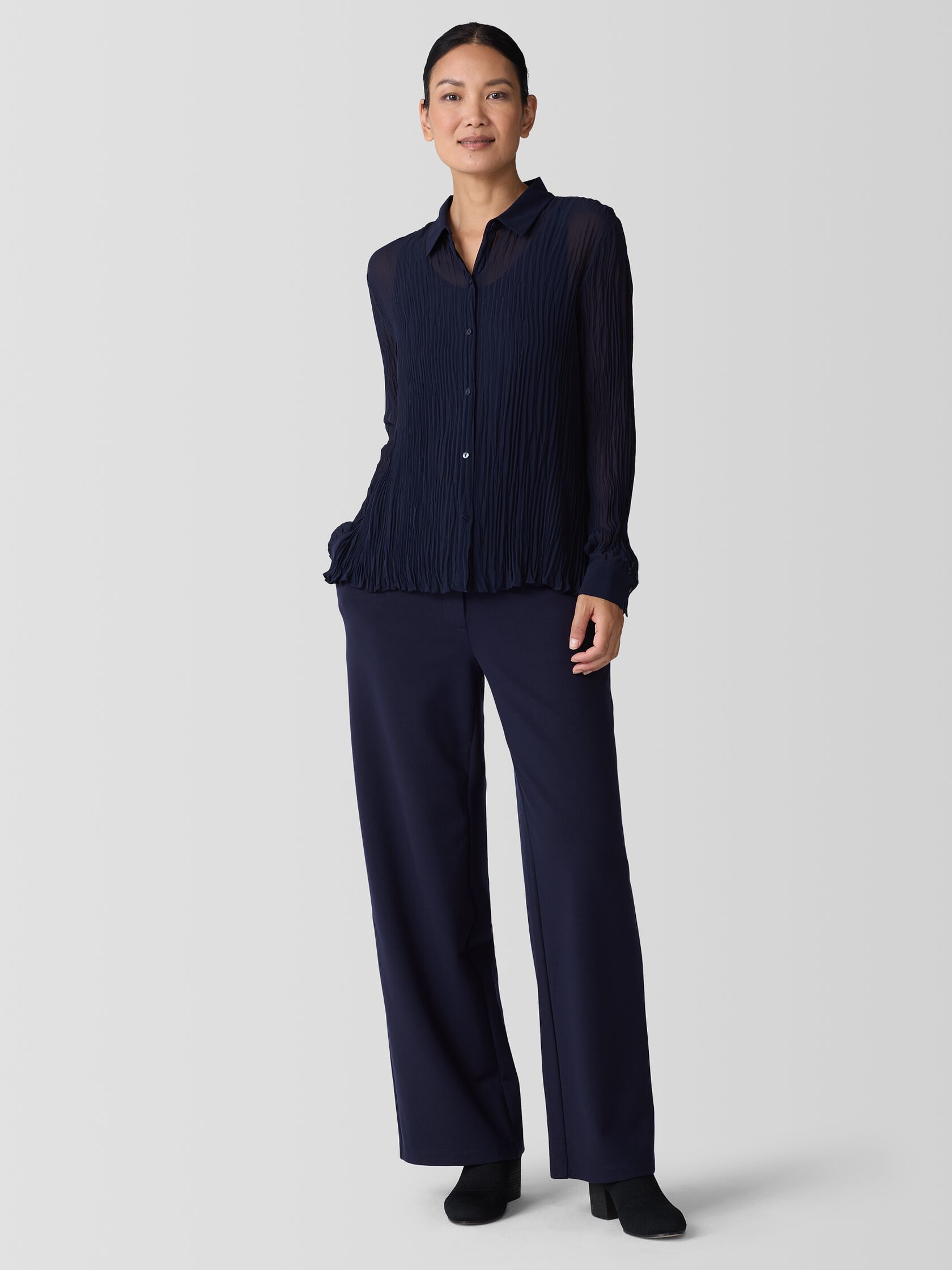 Crinkled Sheer Silk Georgette Classic Collar Shirt