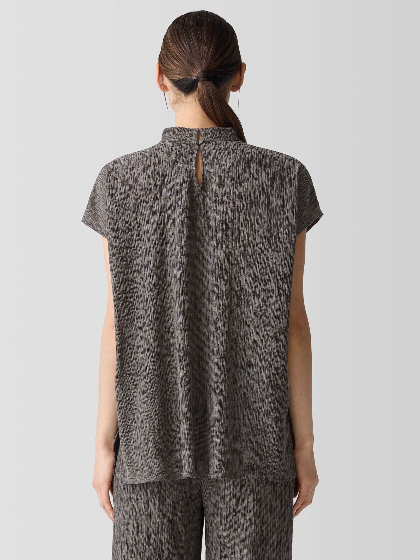 Woven Pliss&eacute; Mock Neck Top