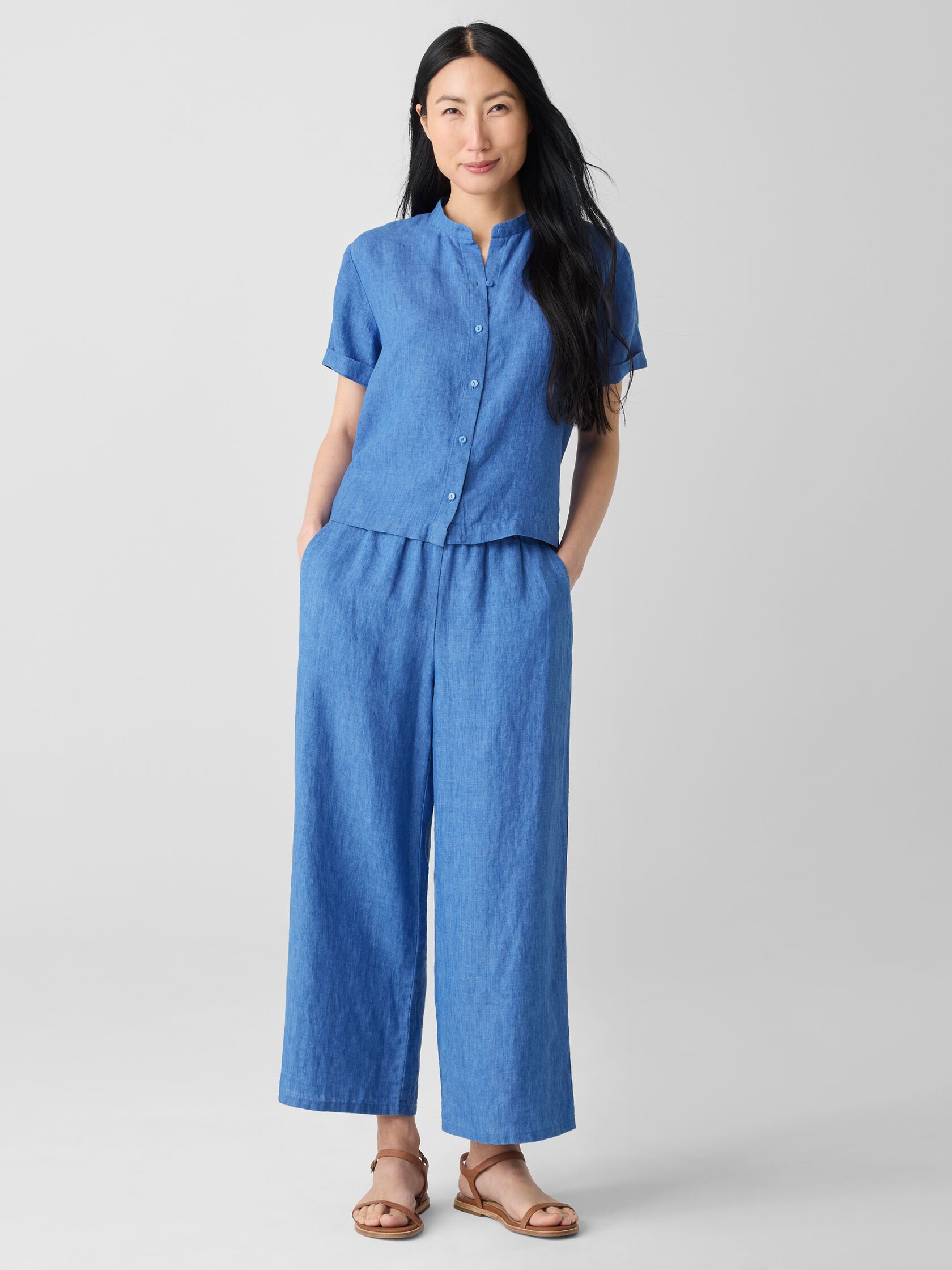 Washed Organic Linen D&eacute;lav&eacute; Band Collar Shirt