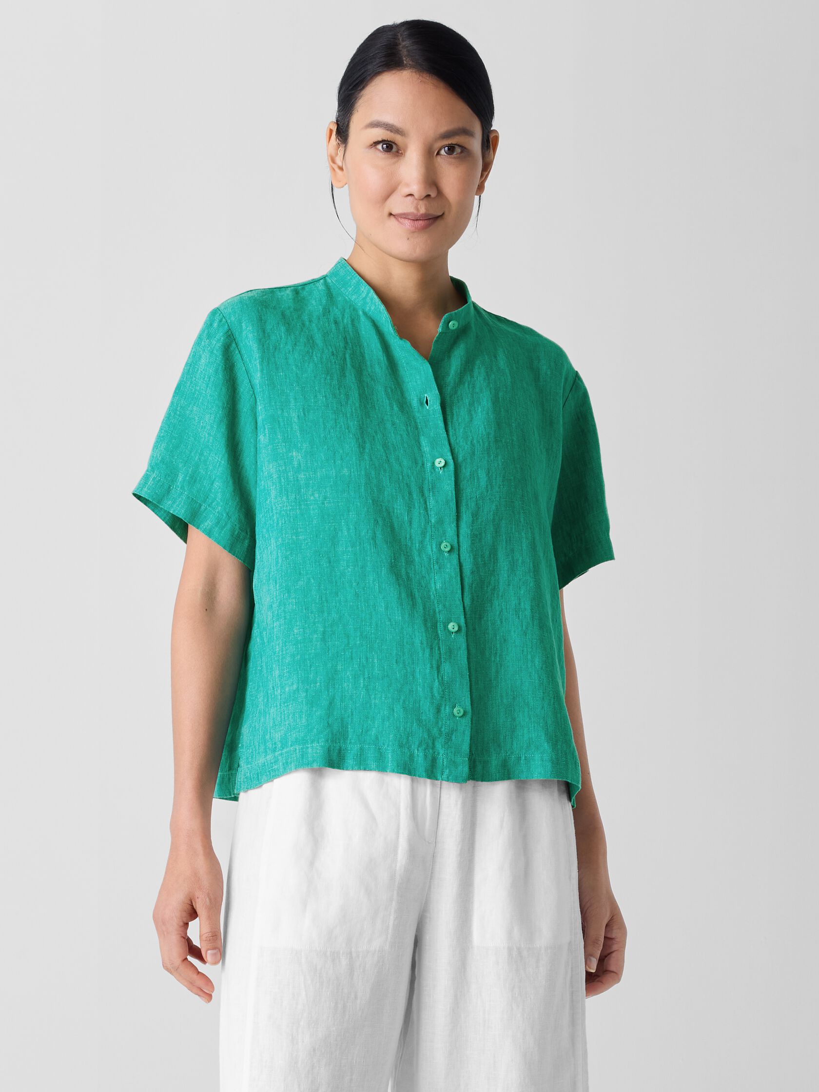 Washed Organic Linen D&eacute;lav&eacute; Band Collar Shirt