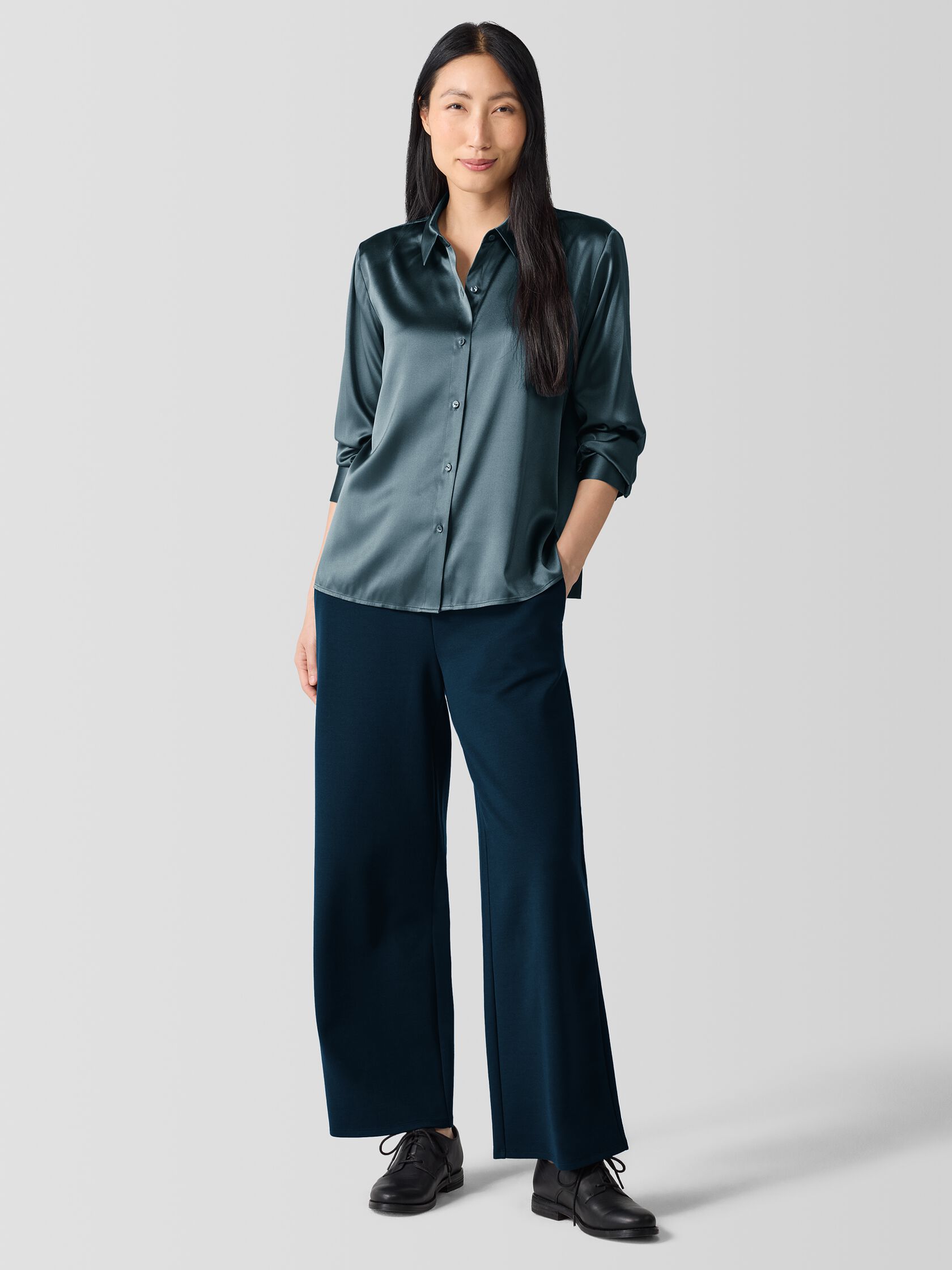 Stretch Silk Charmeuse&nbsp;Classic Collar Shirt