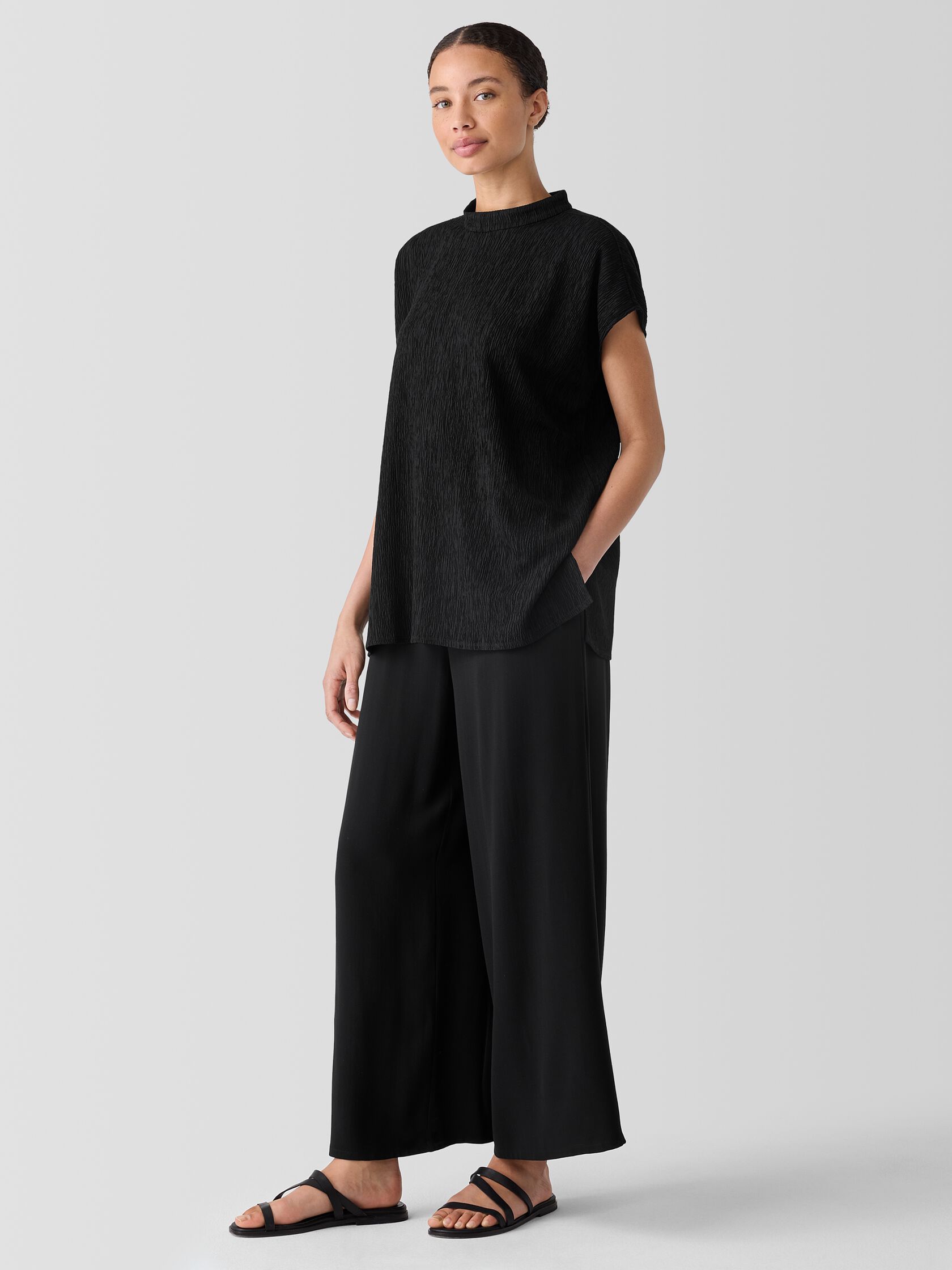 Woven Pliss&eacute; Mock Neck Top