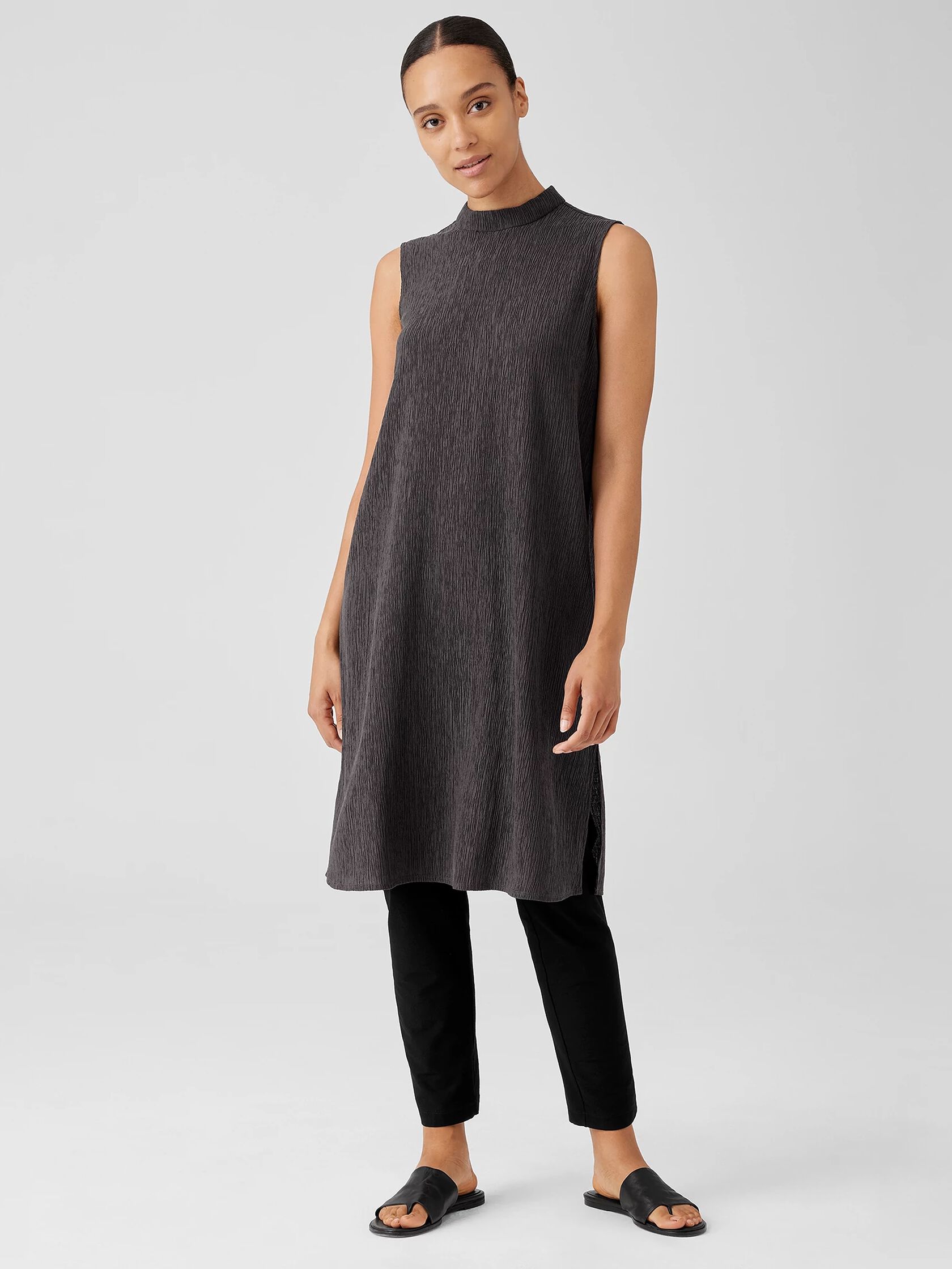 Woven Pliss&eacute; Mock Neck Dress