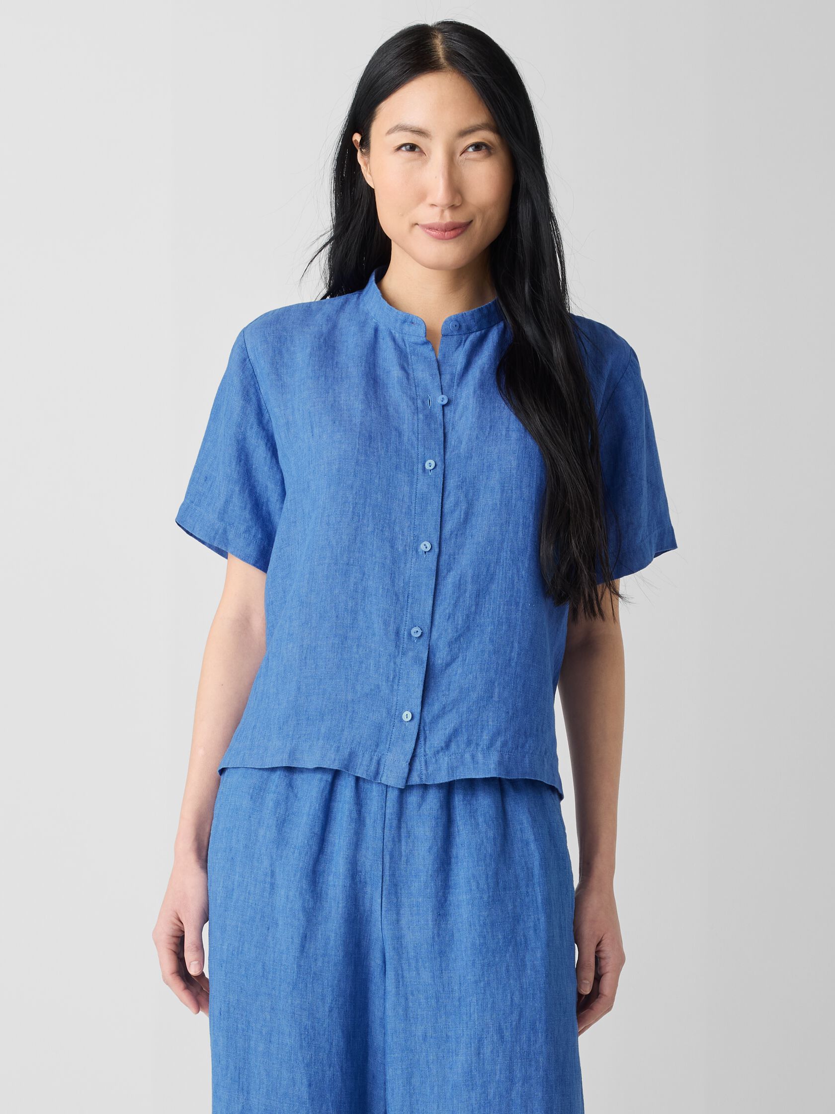 Washed Organic Linen D&eacute;lav&eacute; Band Collar Shirt