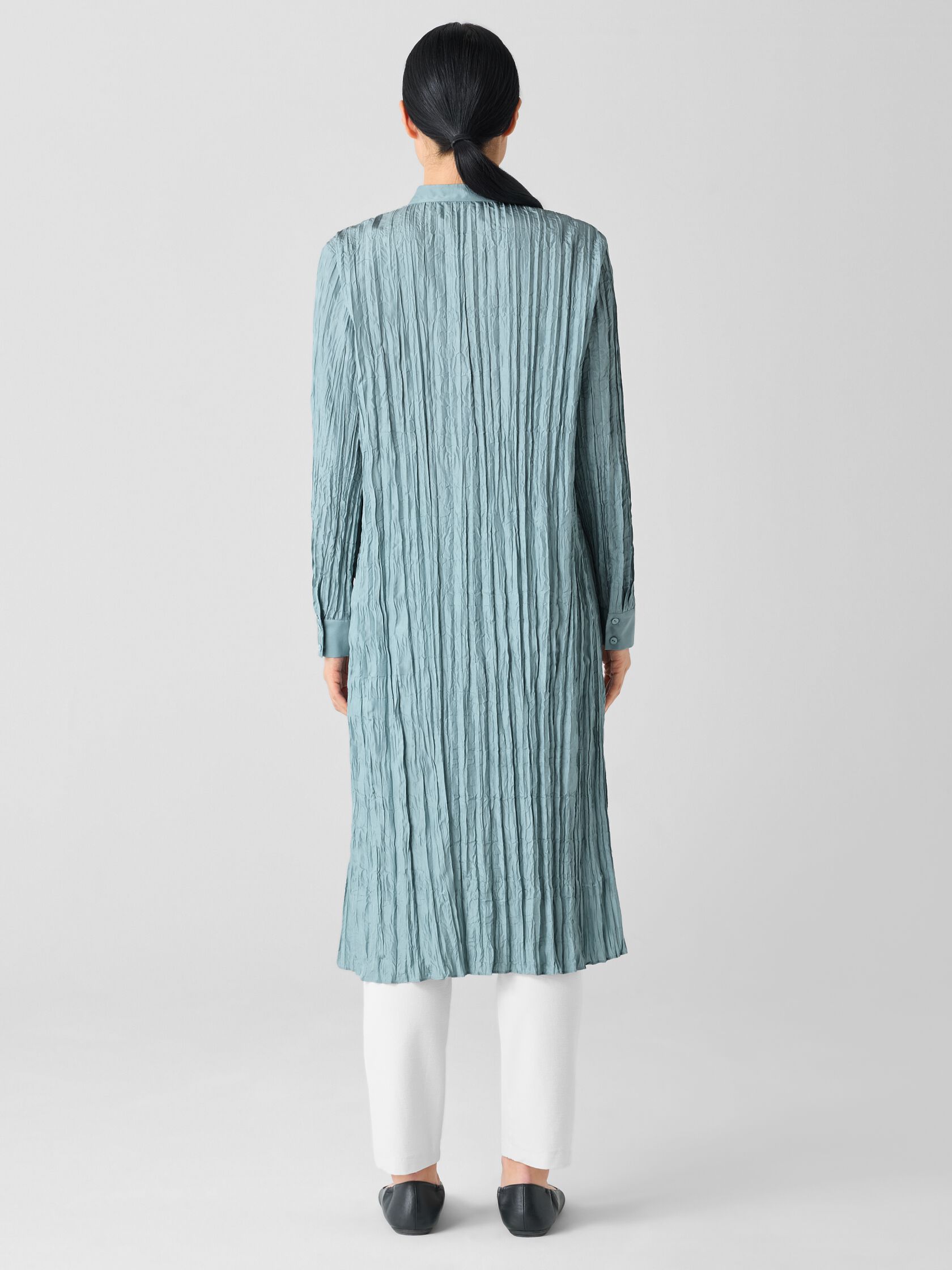 Crushed Silk Band Collar Long Shirt