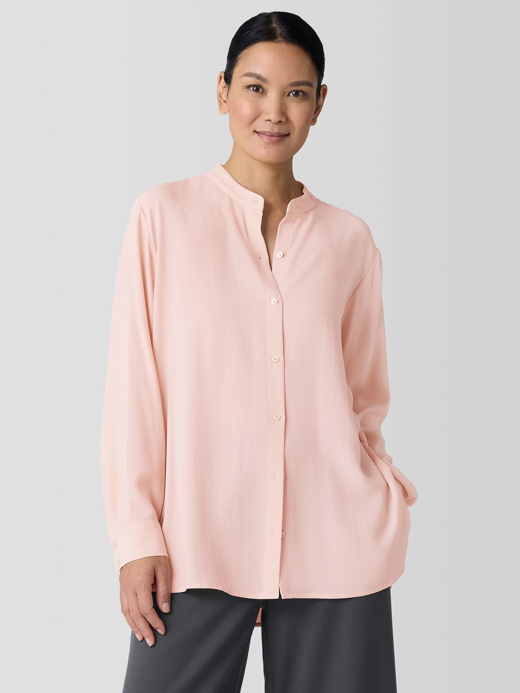 Silk Georgette Crepe Band Collar Shirt