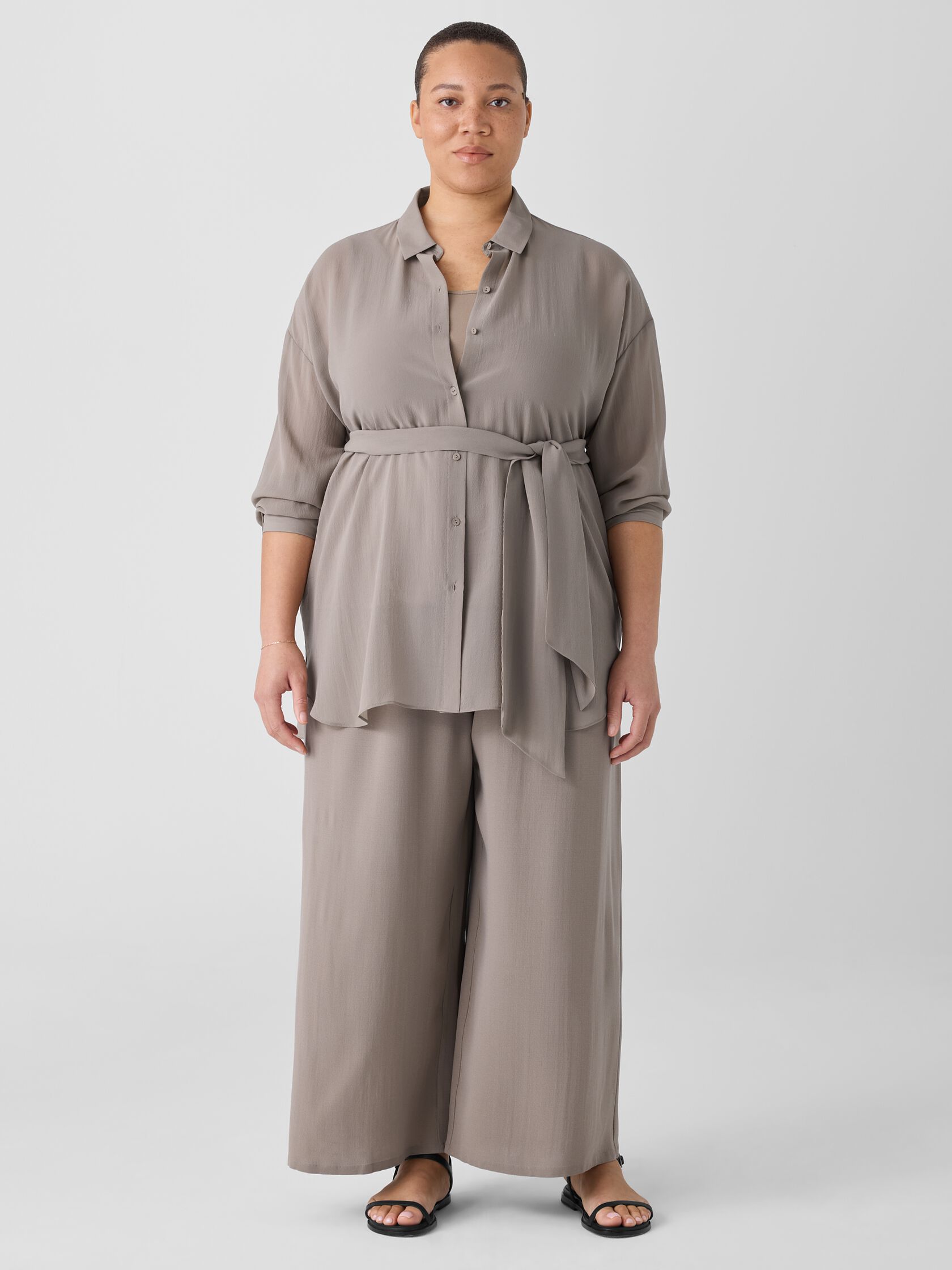 Sheer Silk Georgette Belted Shirt