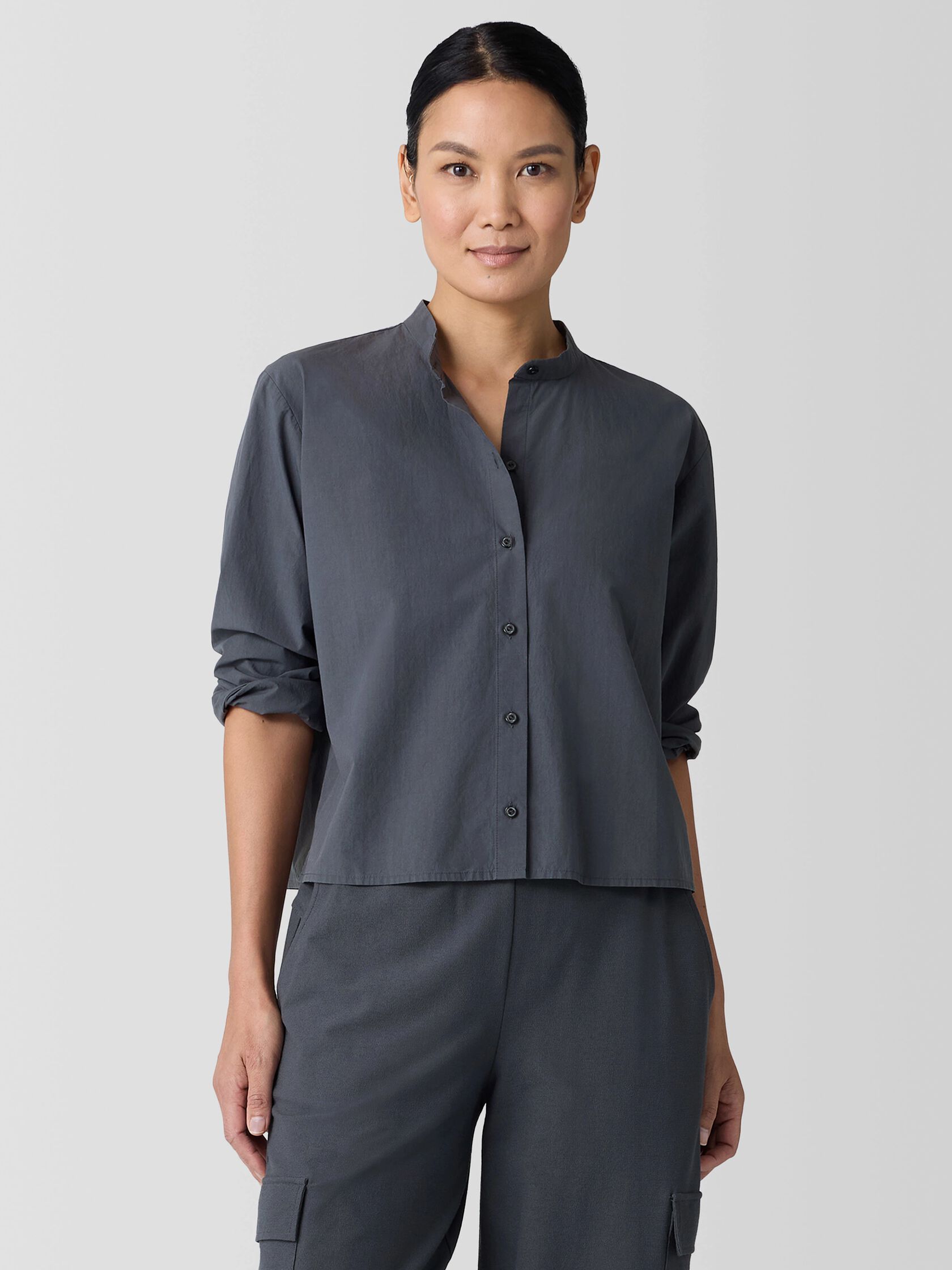 Washed Organic Cotton Poplin Band Collar Short Shirt