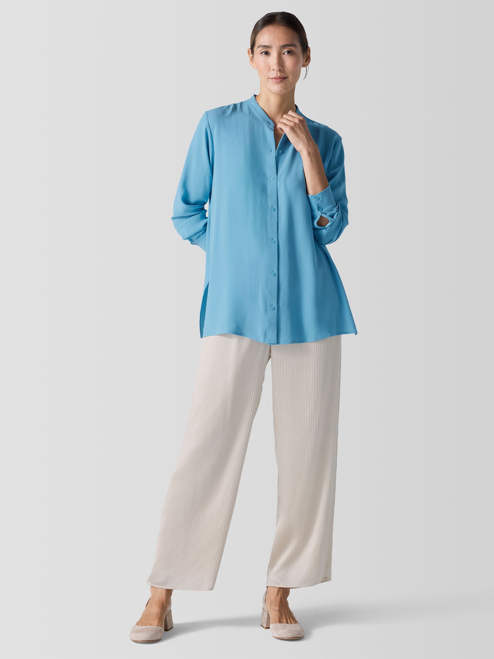 Silk Georgette Crepe Band Collar Shirt