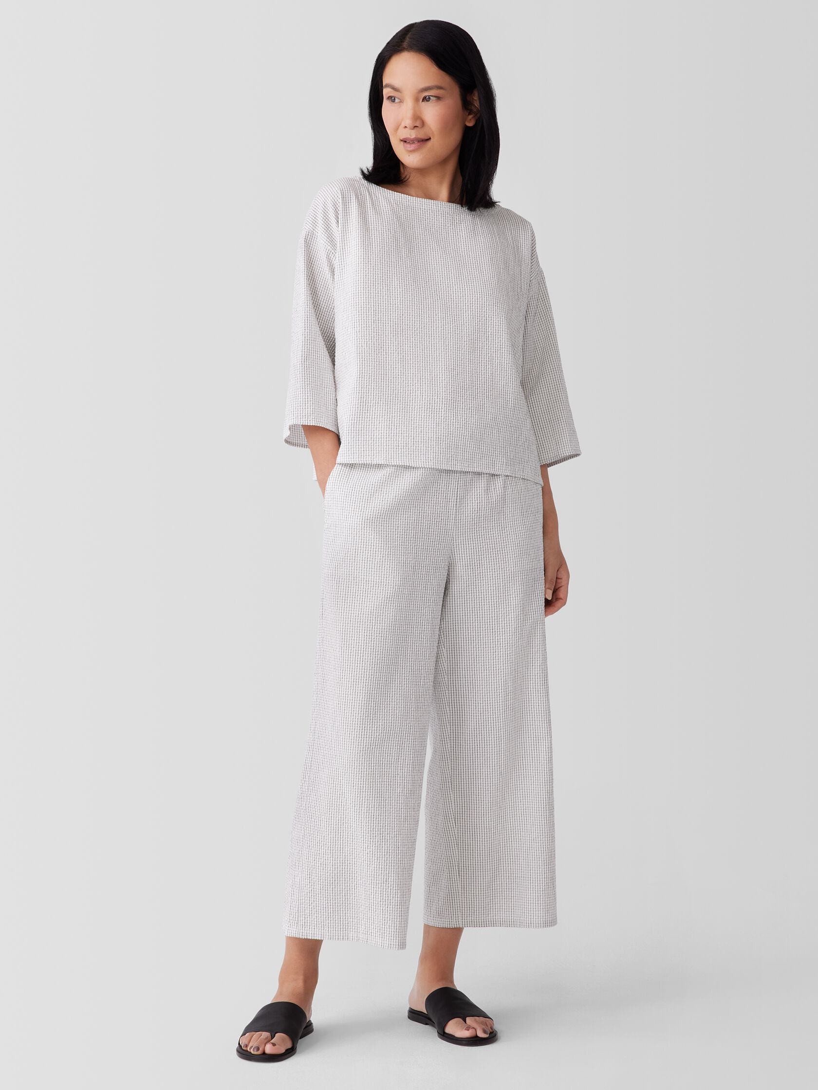 Organic Cotton Ripple Checkered Wide-Leg Pant