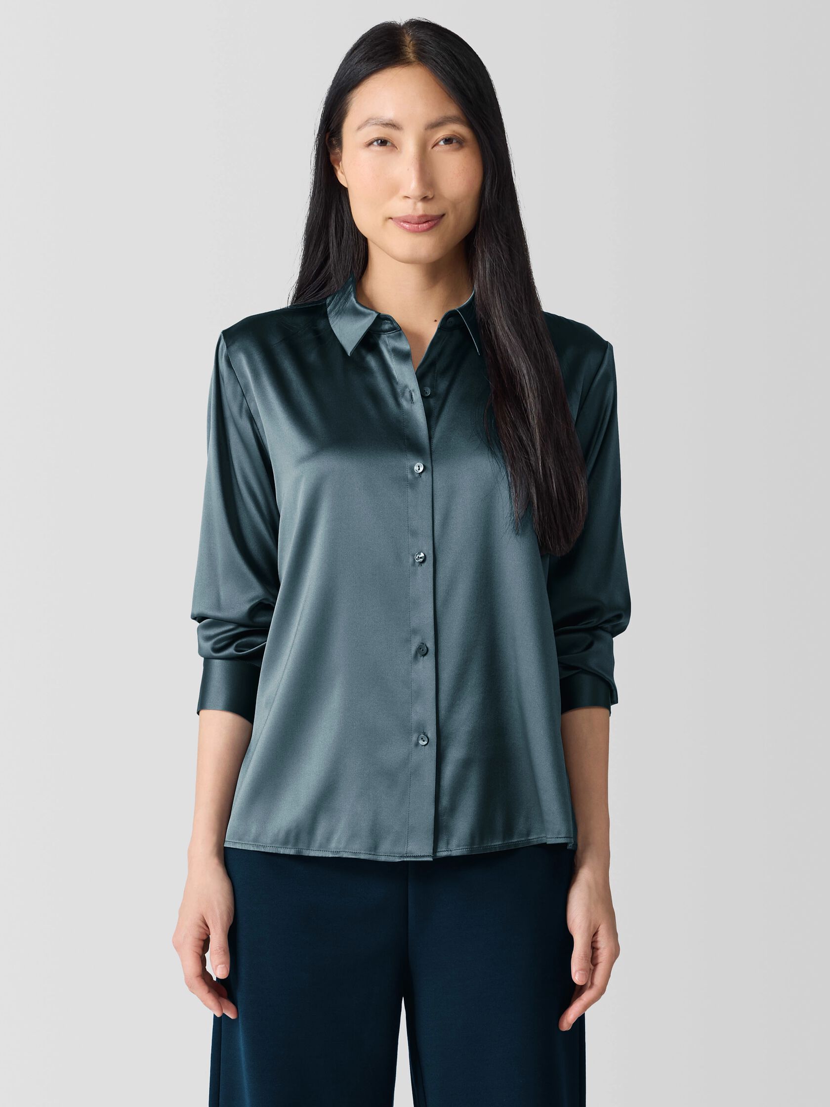 Stretch Silk Charmeuse&nbsp;Classic Collar Shirt