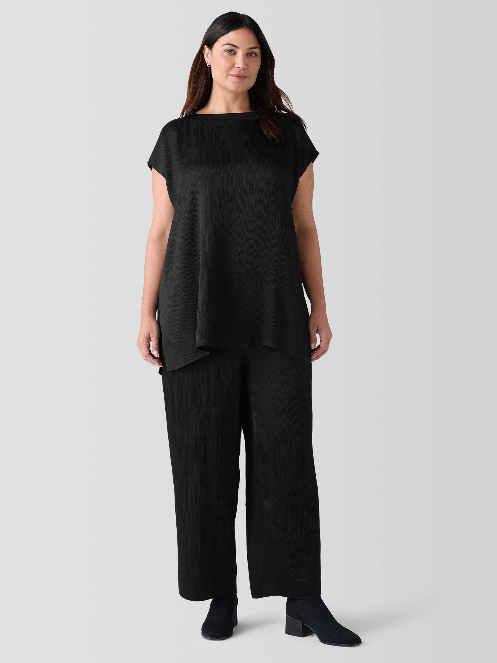 Striated Silk Satin Bateau Neck Top