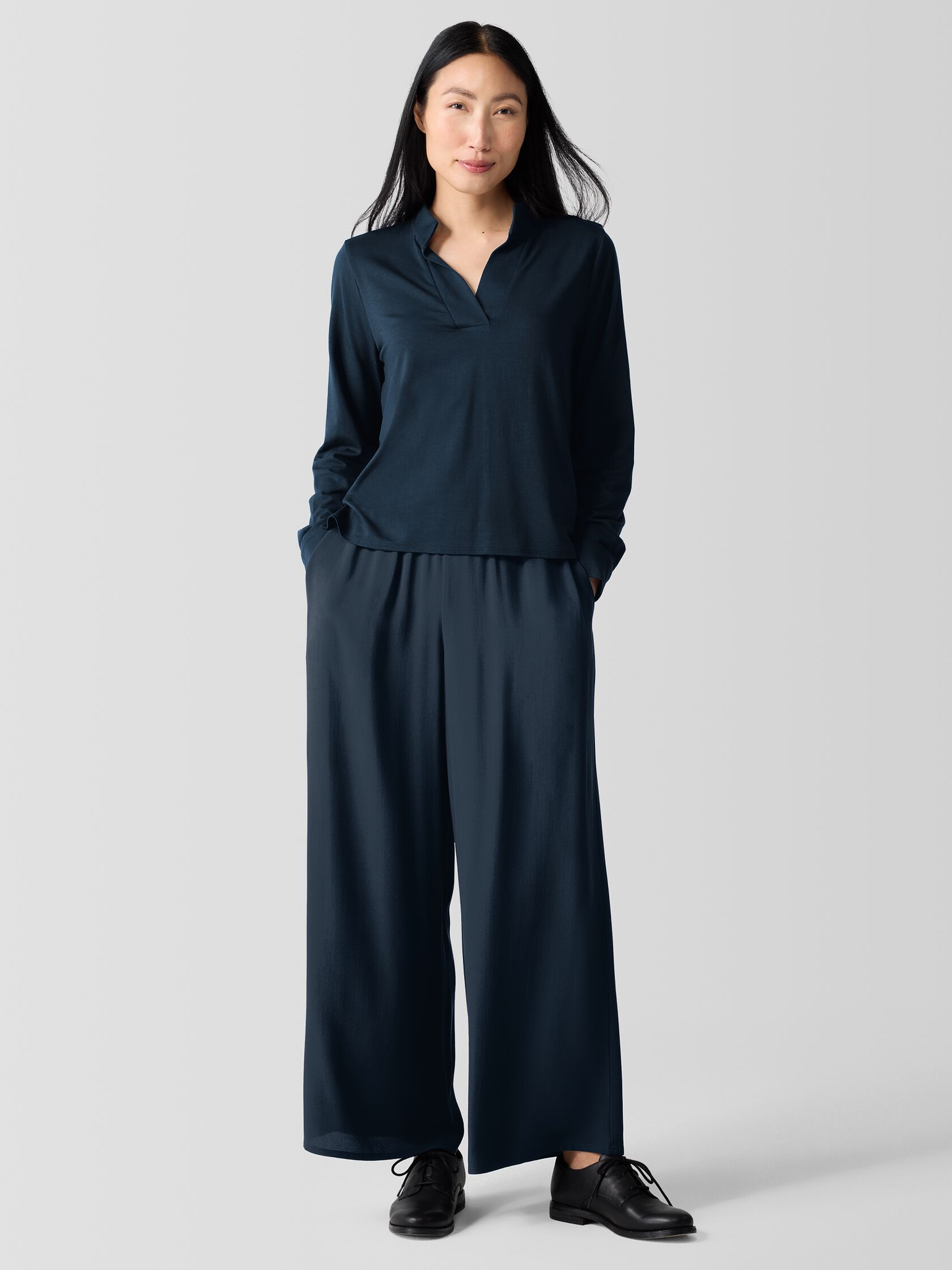 Stretch Jersey Knit Band Collar Top