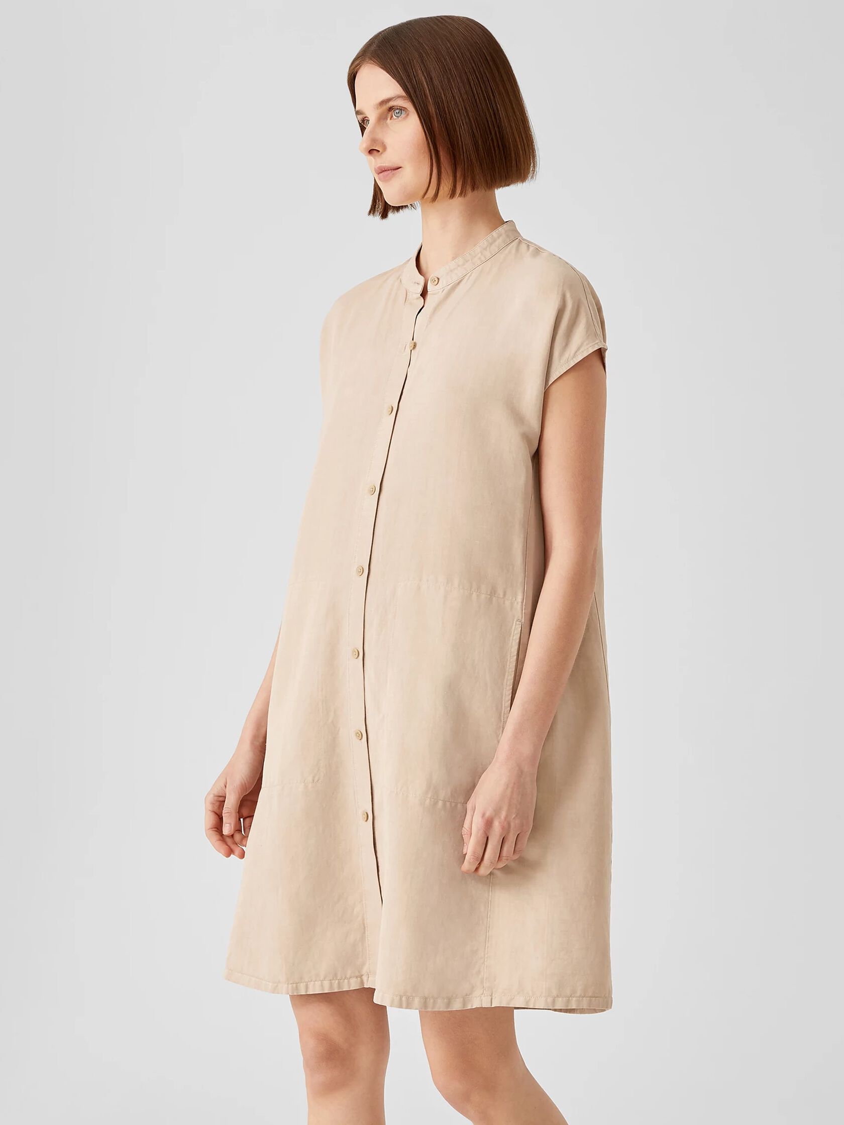 Linen Blend Mandarin Collar Shirtdress