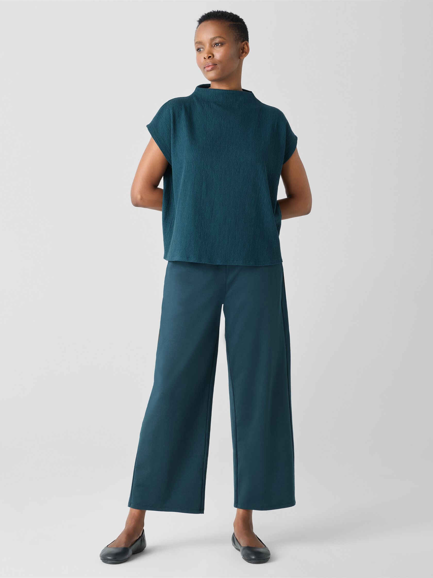 Crinkled Jersey Funnel Neck Top