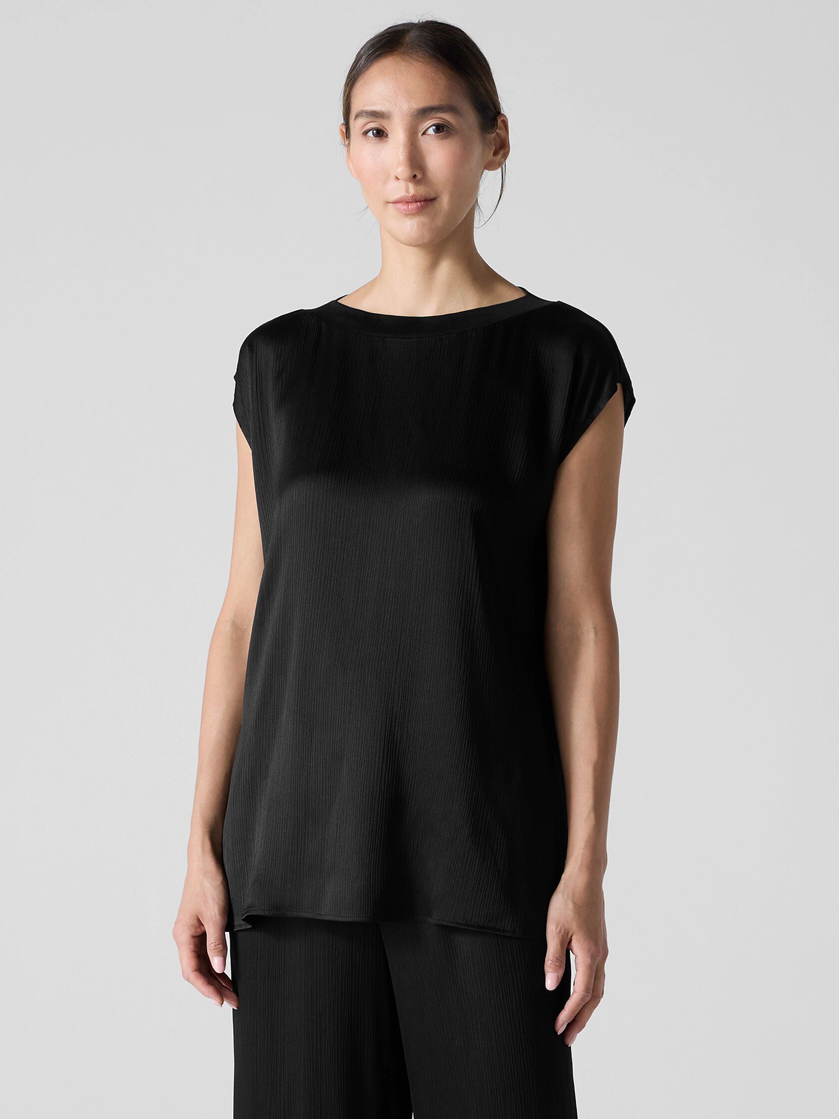 Striated Silk Satin Bateau Neck Top