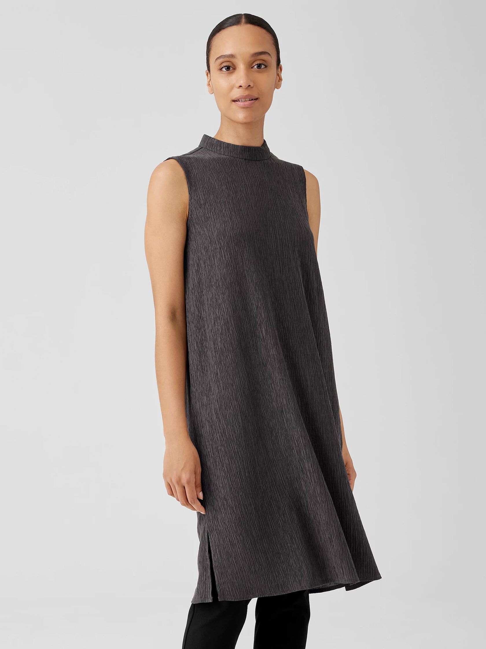 Woven Pliss&eacute; Mock Neck Dress
