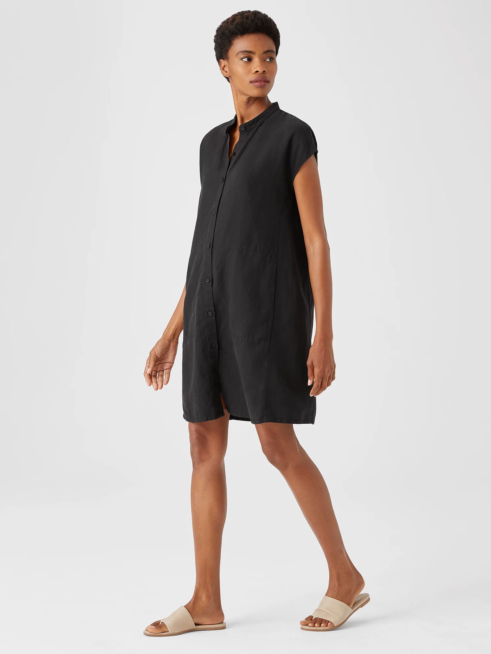 Linen Blend Mandarin Collar Shirtdress