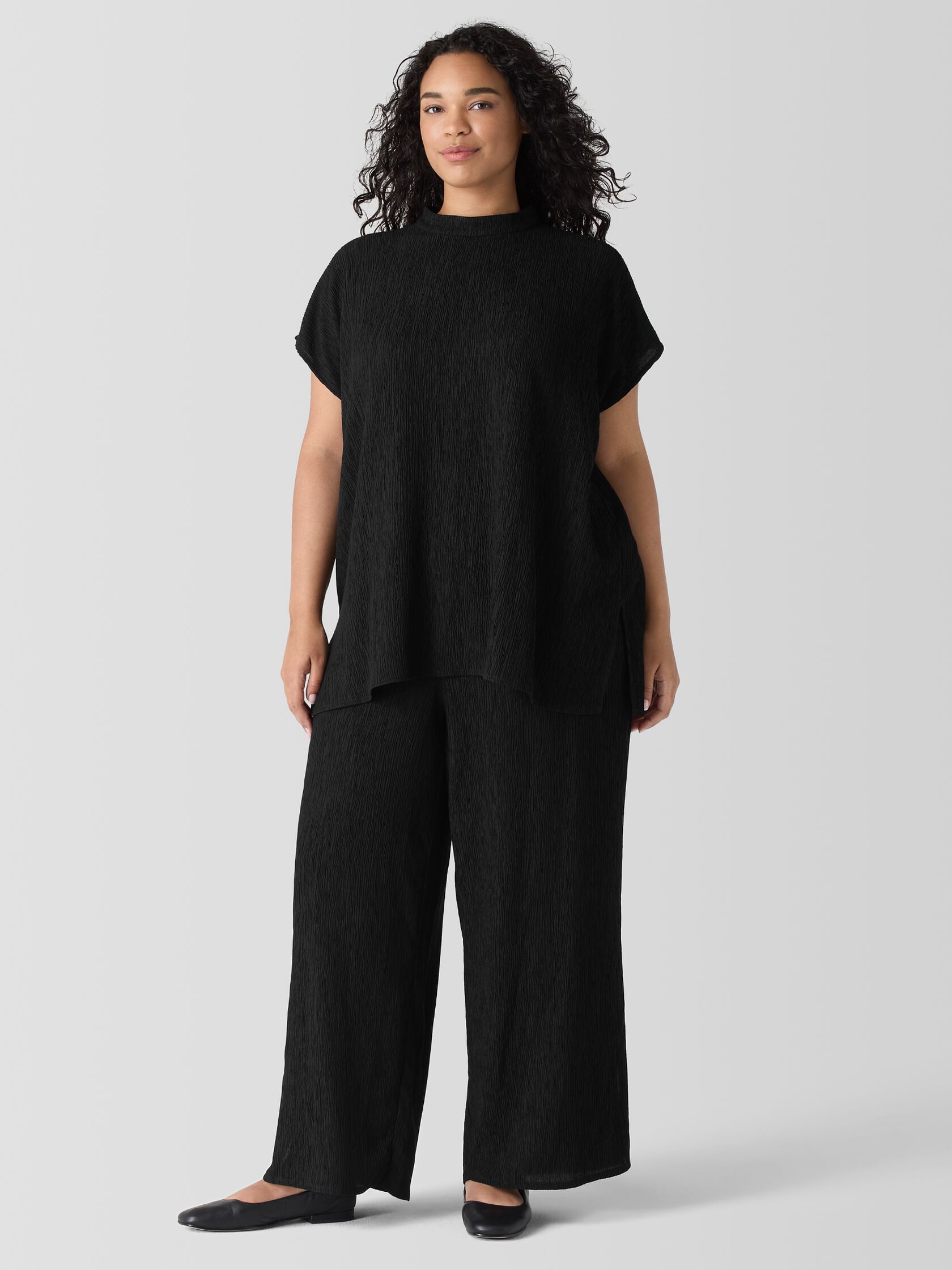 Woven Pliss&eacute; Mock Neck Top