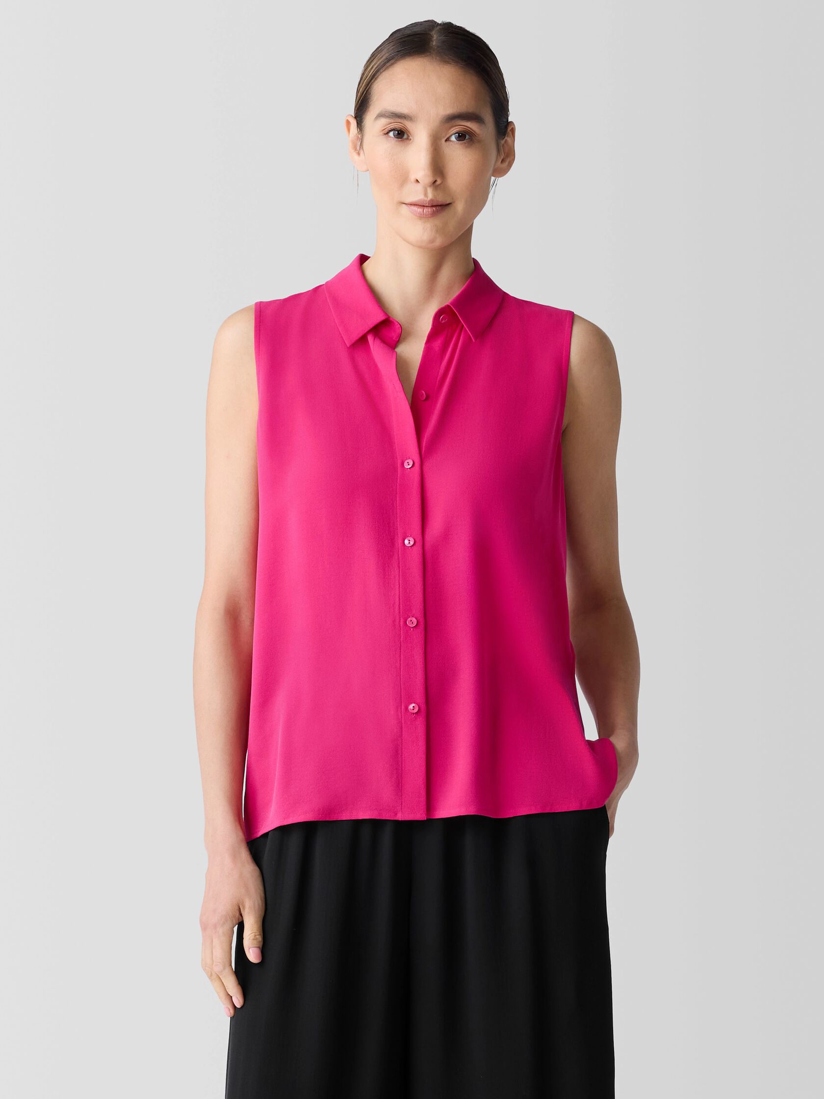 Silk Georgette Crepe Classic Collar Sleeveless Shirt