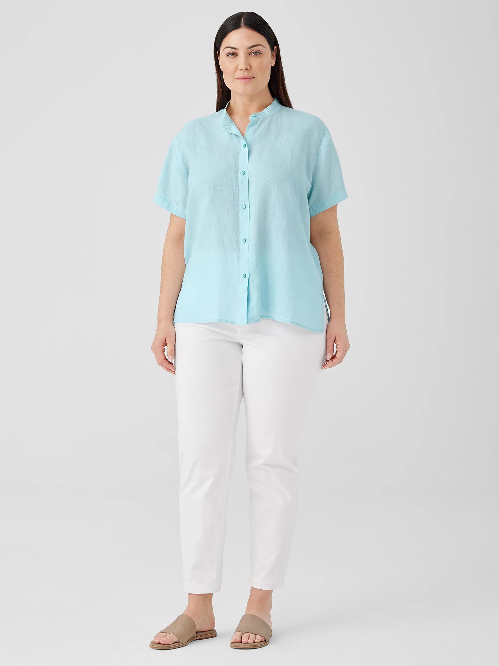 Organic Handkerchief Linen Band Collar Short-Sleeve Shirt