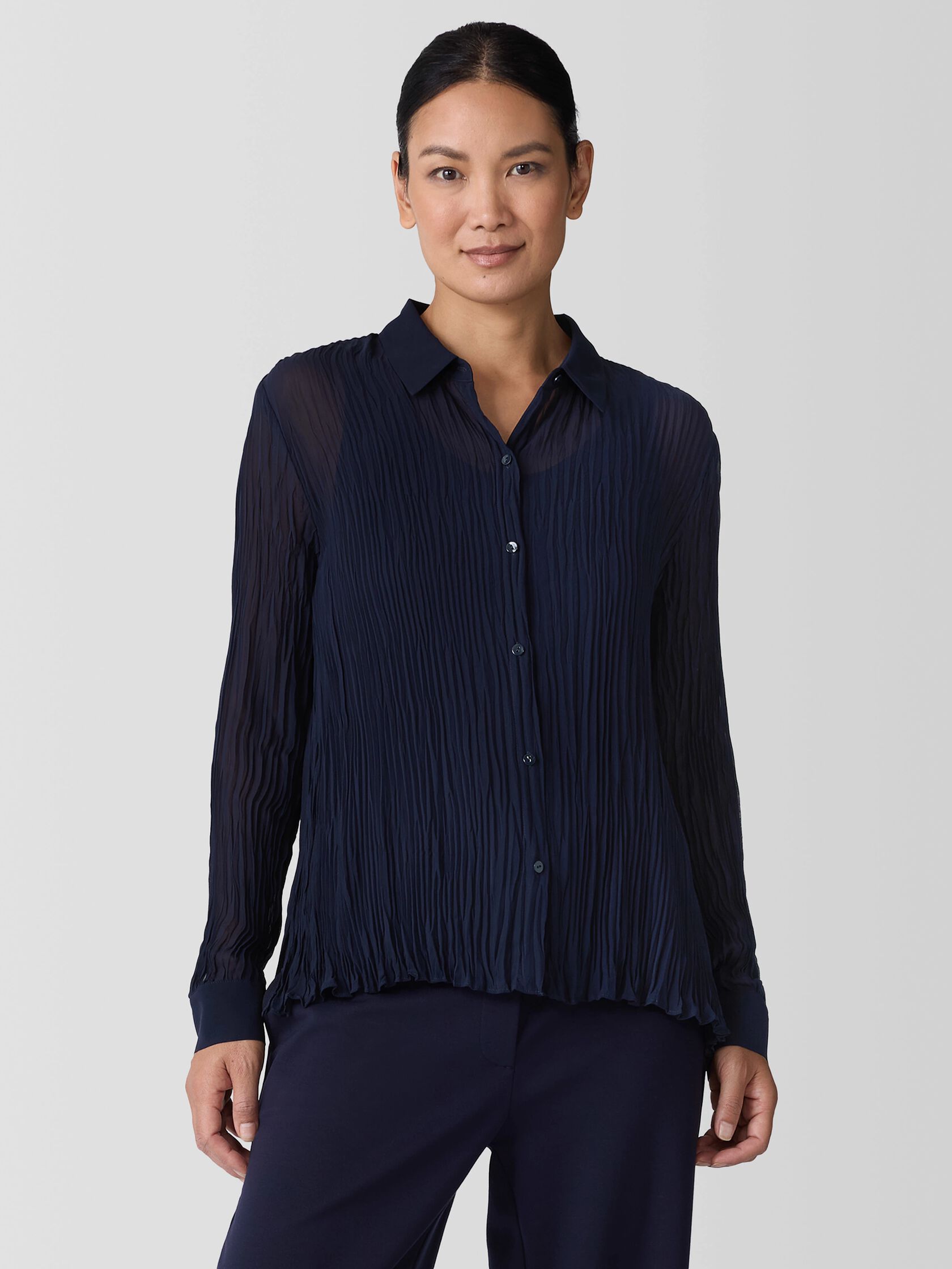 Crinkled Sheer Silk Georgette Classic Collar Shirt