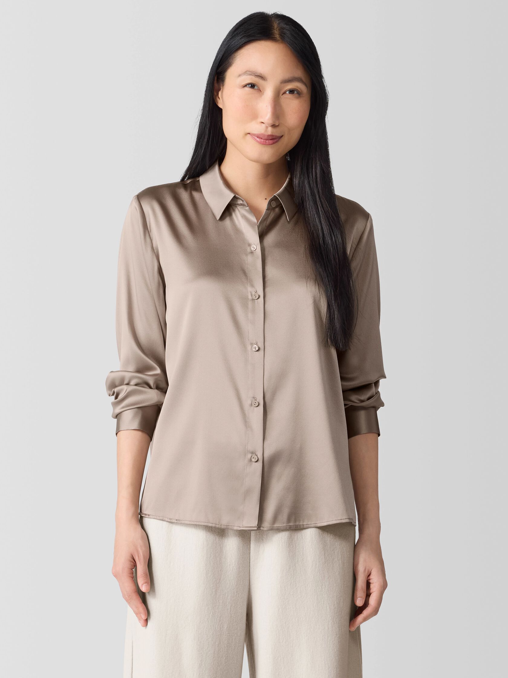 Stretch Silk Charmeuse&nbsp;Classic Collar Shirt