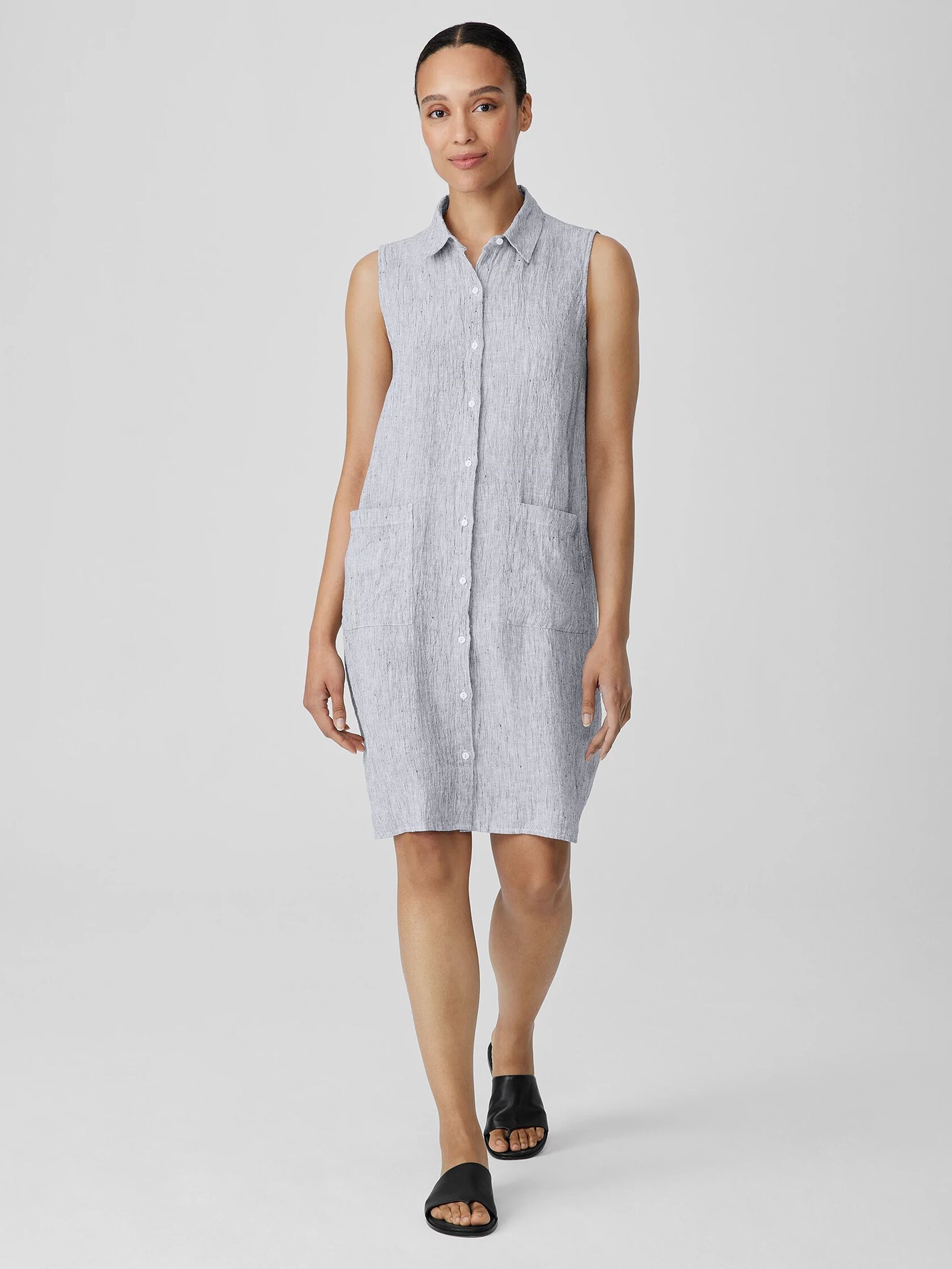 Striped Organic Linen Crinkle&nbsp;Sleeveless Shirtdress