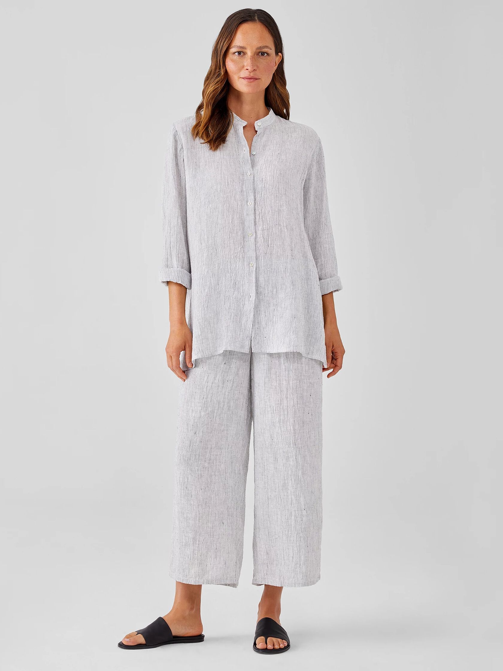 Striped Organic Linen Crinkle&nbsp;Mandarin Collar Shirt