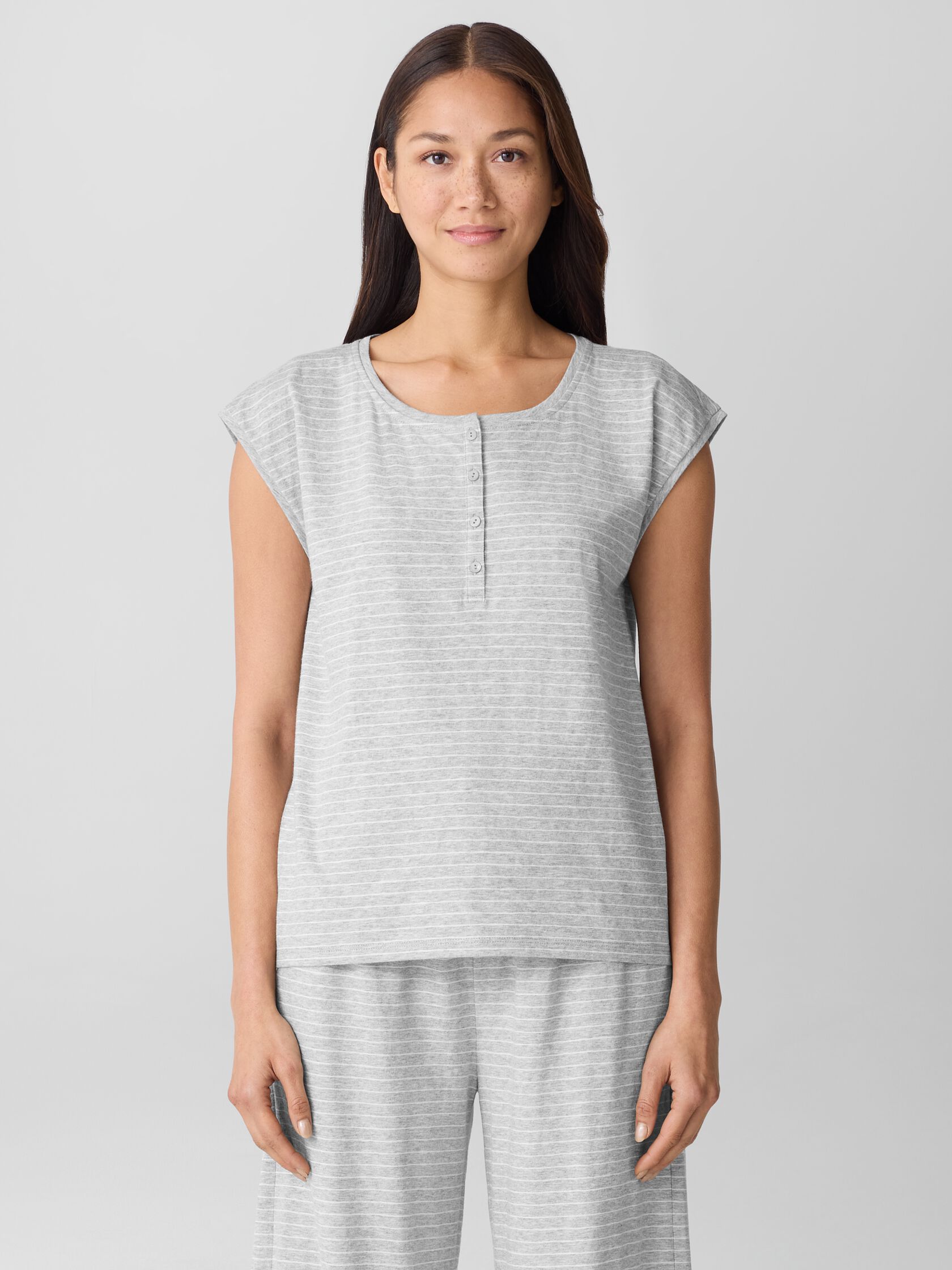 Striped Organic Cotton Jersey Henley Sleep Top