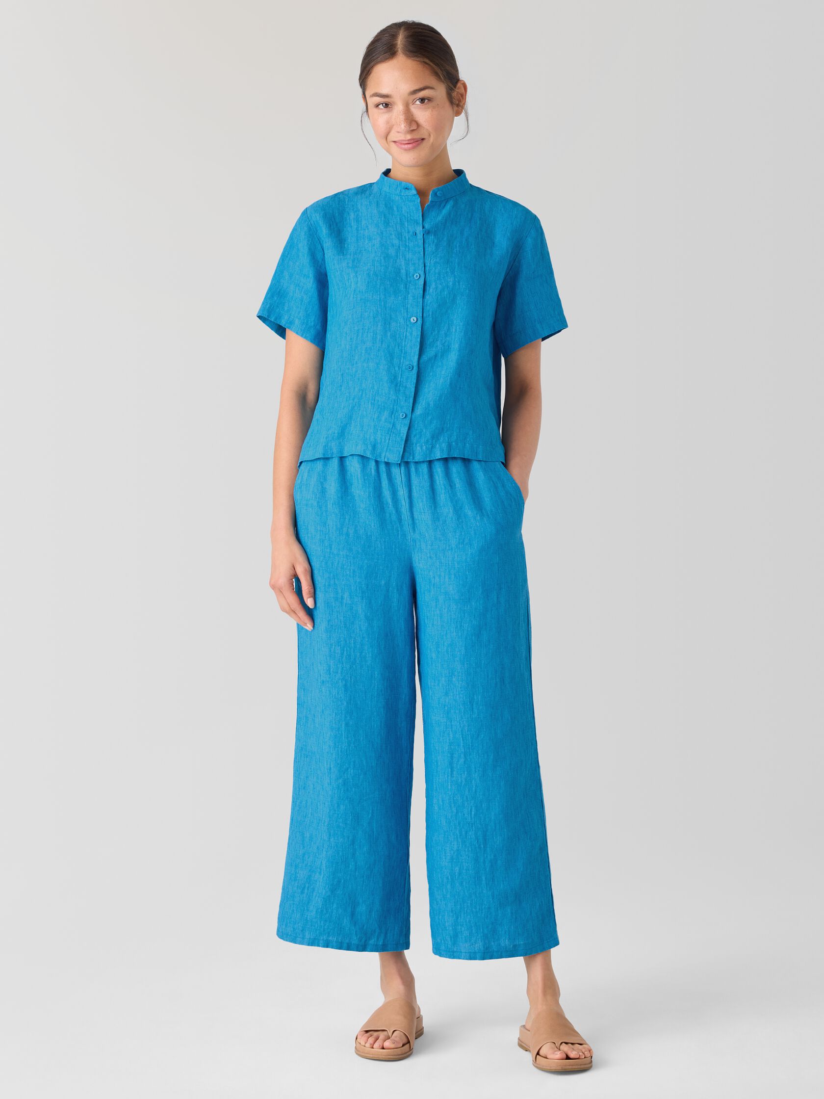 Washed Organic Linen D&eacute;lav&eacute; Band Collar Shirt