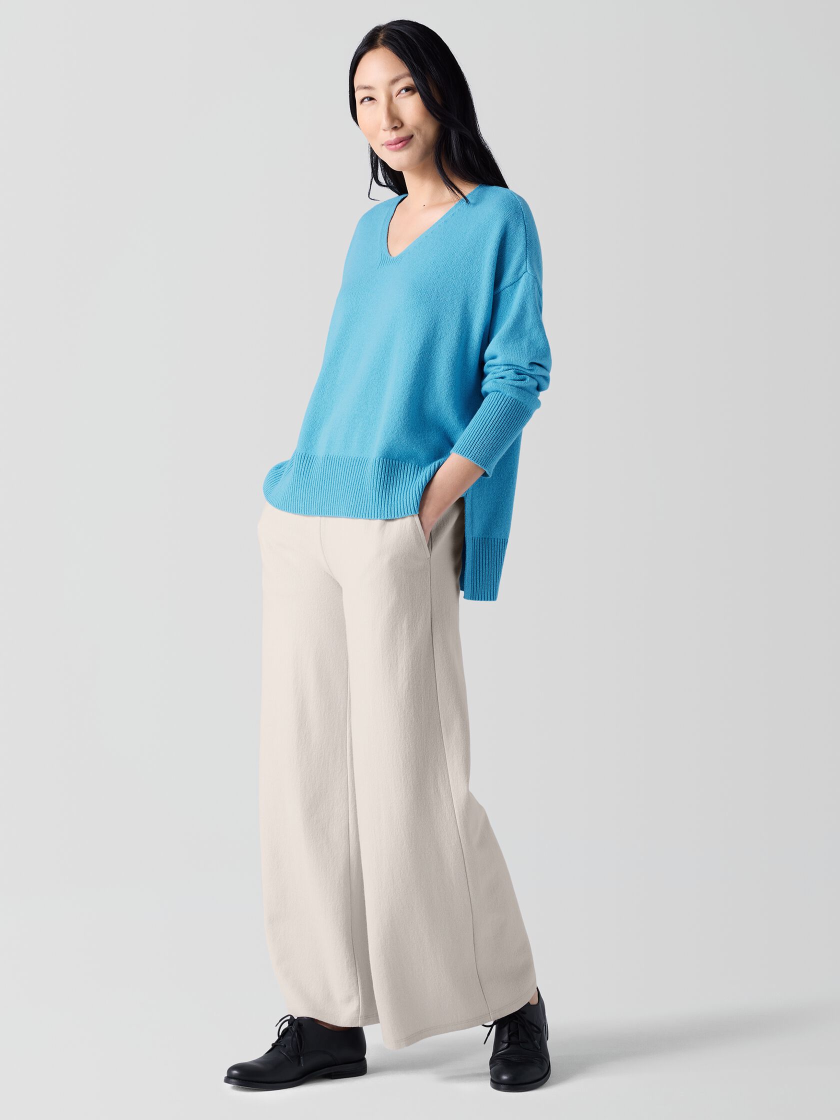 Cotton and Recycled Cashmere V-Neck Top