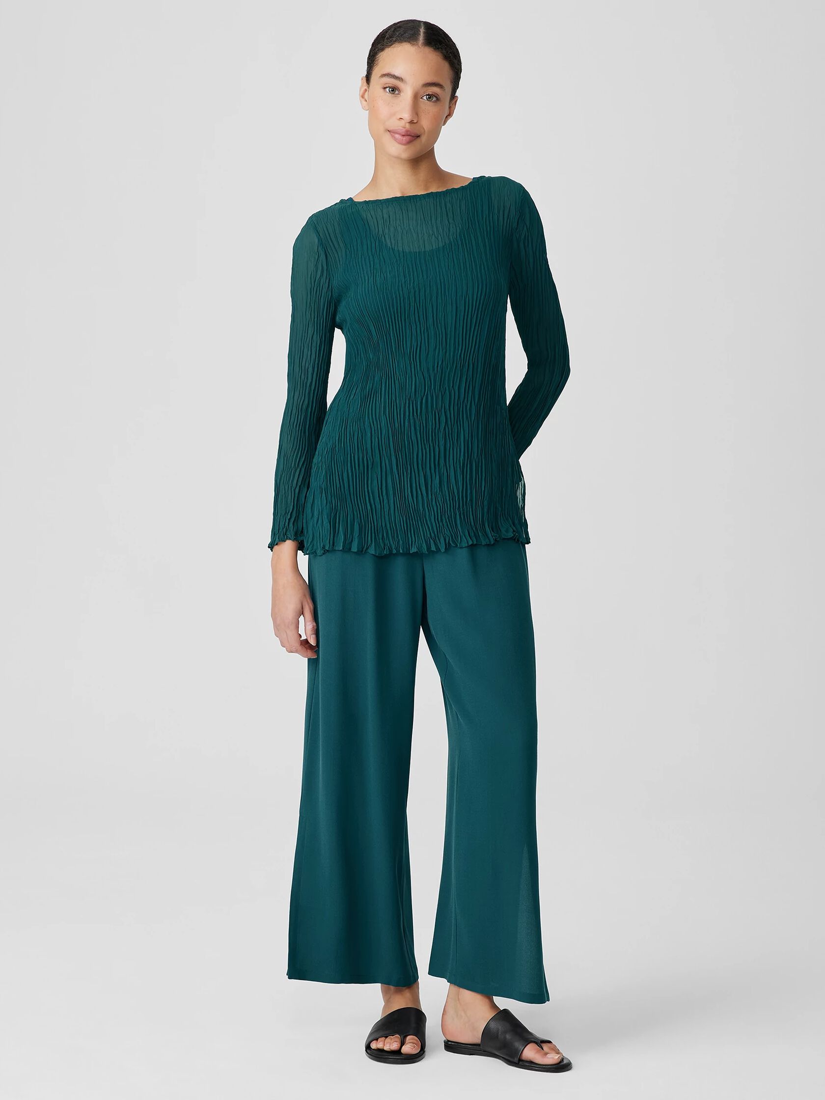 Crinkled Sheer Silk Georgette&nbsp;Bateau Neck Long Top