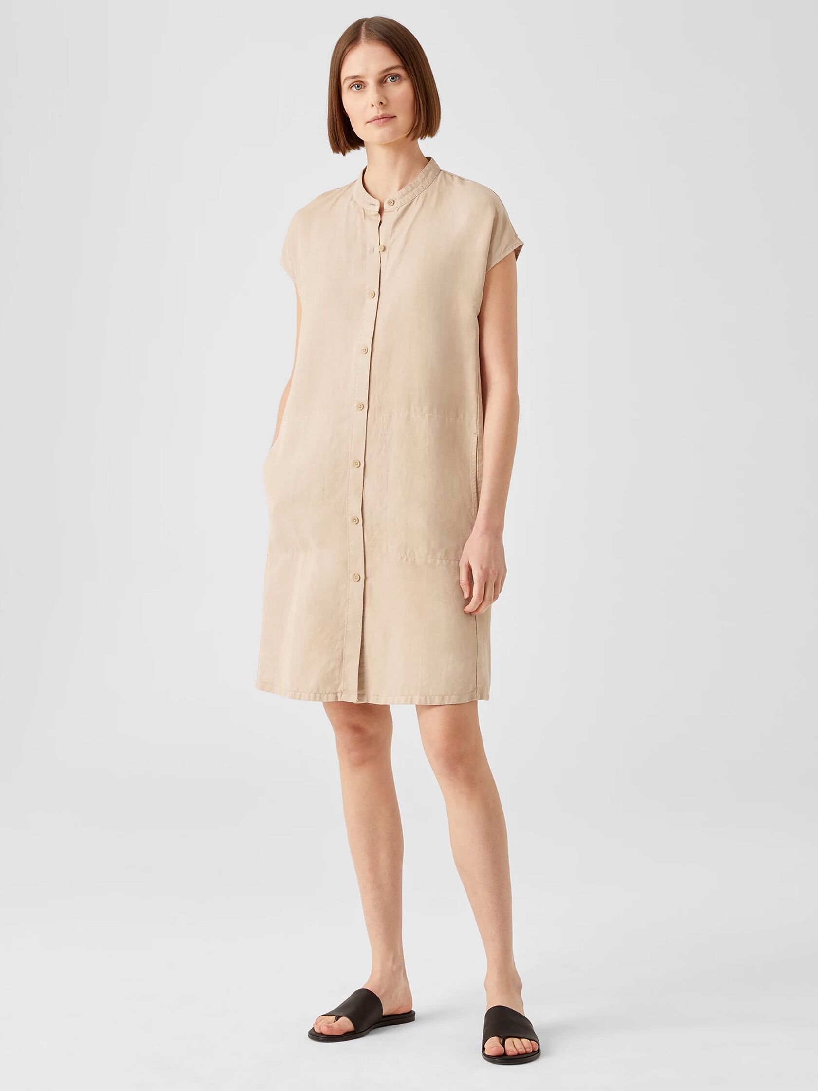 Linen Blend Mandarin Collar Shirtdress