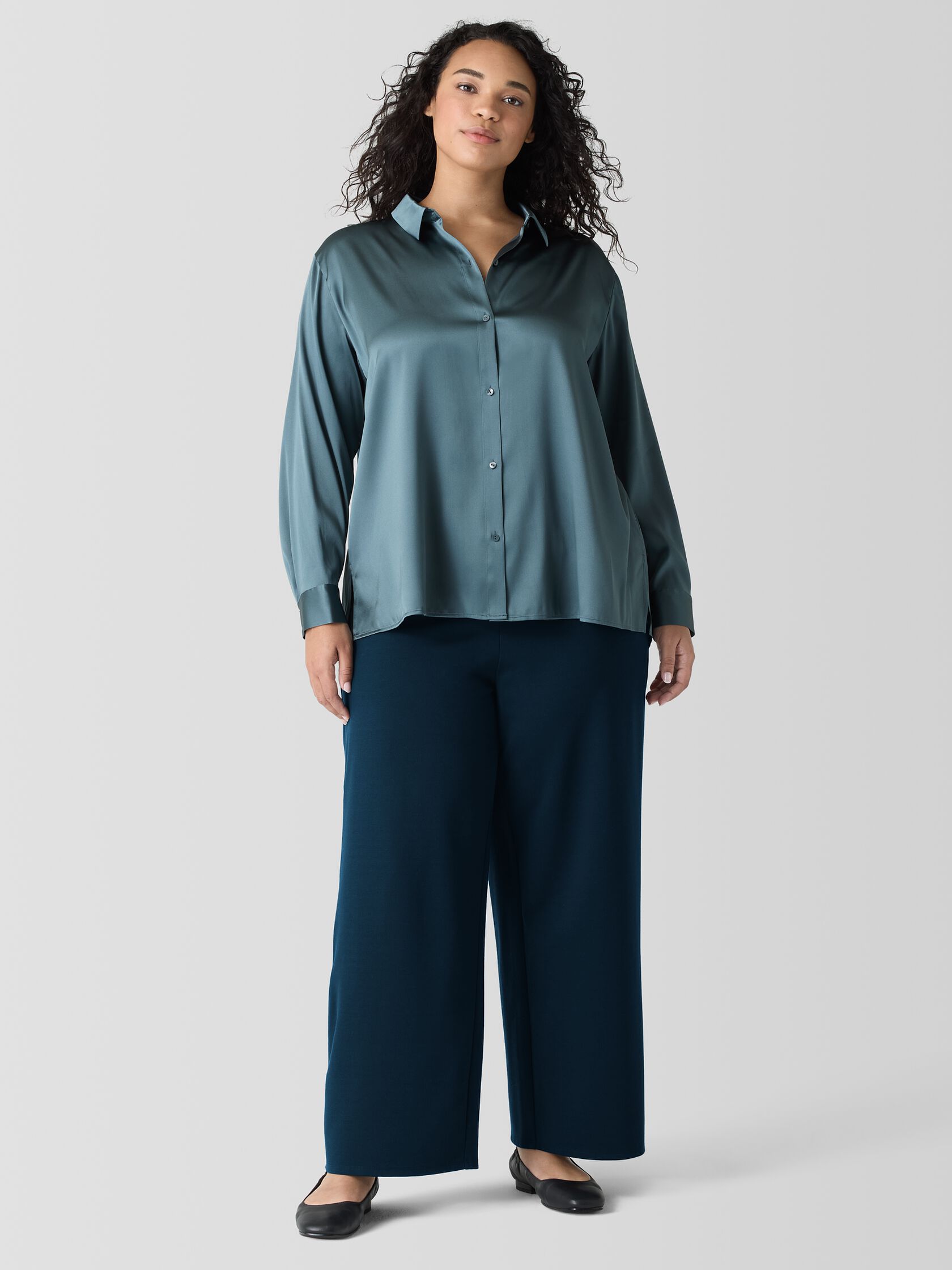 Stretch Silk Charmeuse&nbsp;Classic Collar Shirt