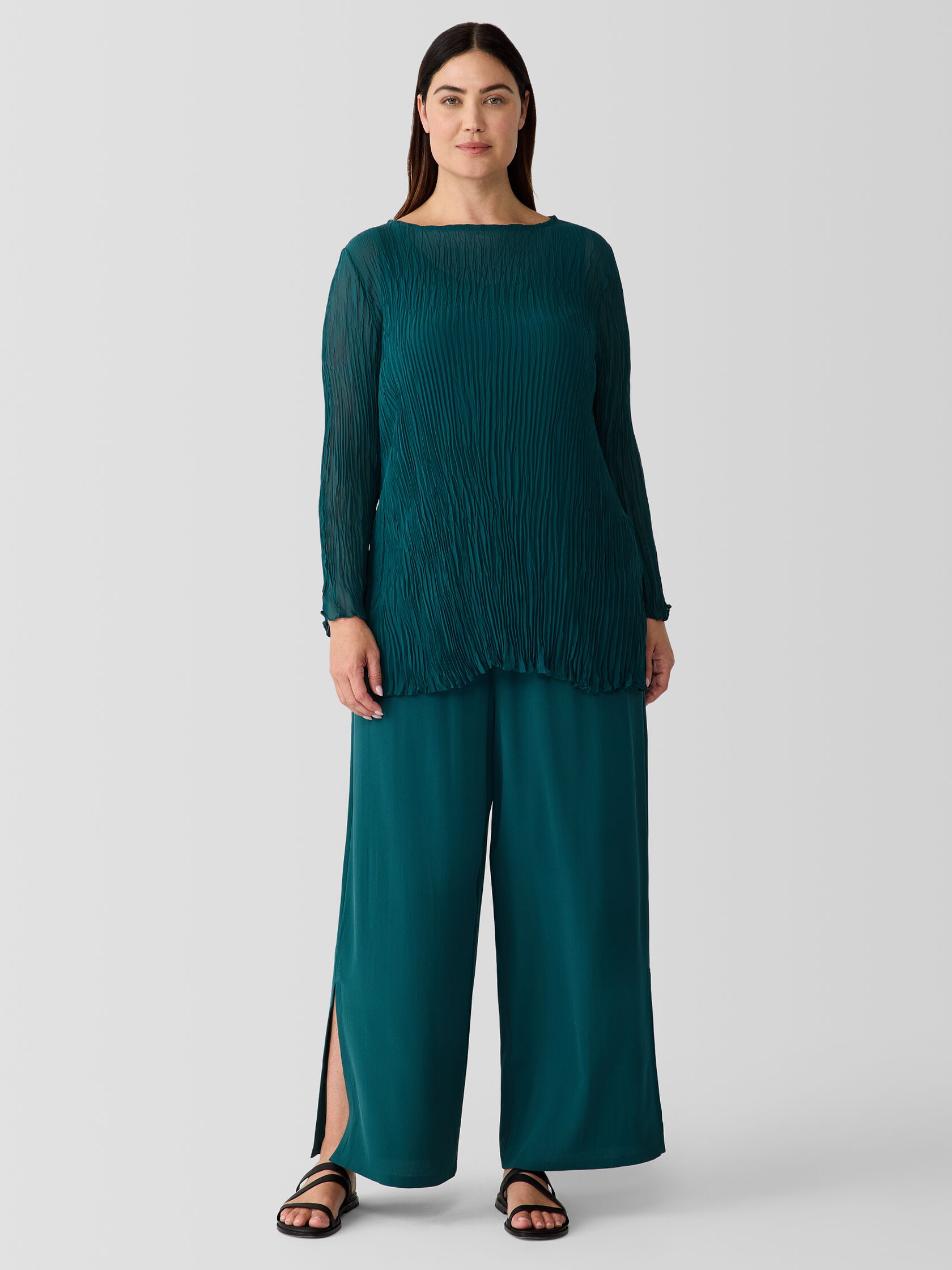 Crinkled Sheer Silk Georgette&nbsp;Bateau Neck Long Top