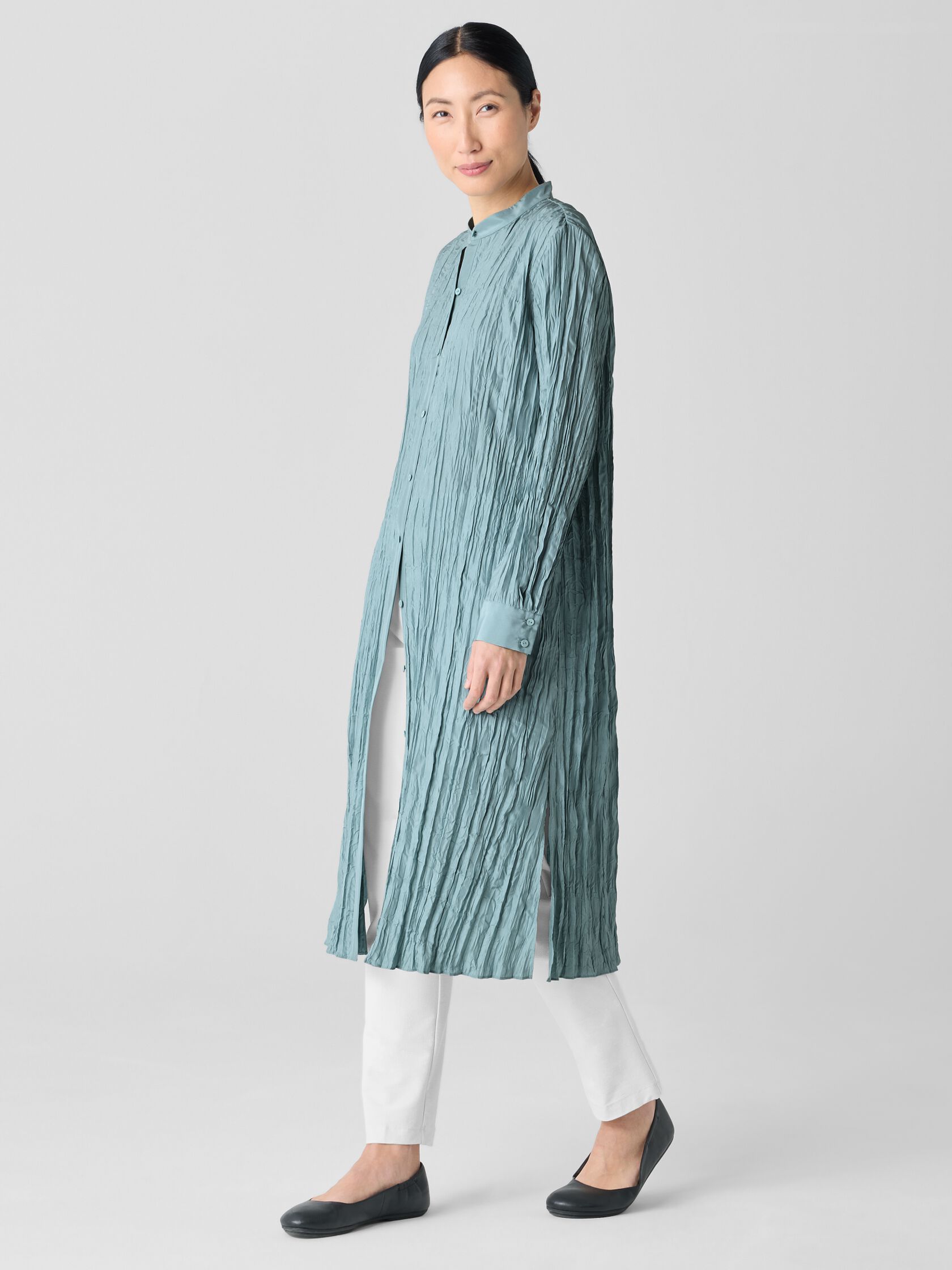 Crushed Silk Band Collar Long Shirt