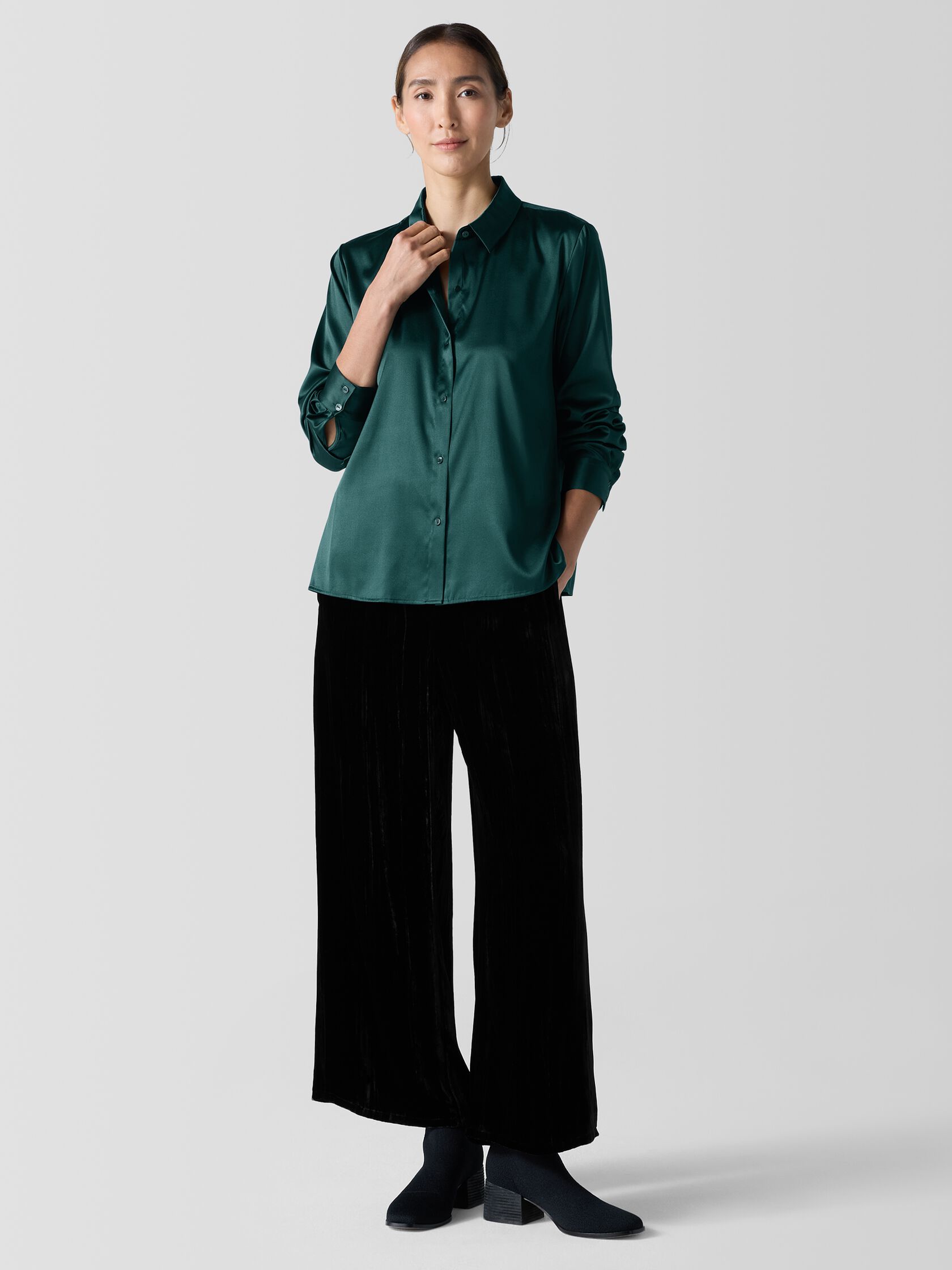 Stretch Silk Charmeuse Classic Collar Shirt