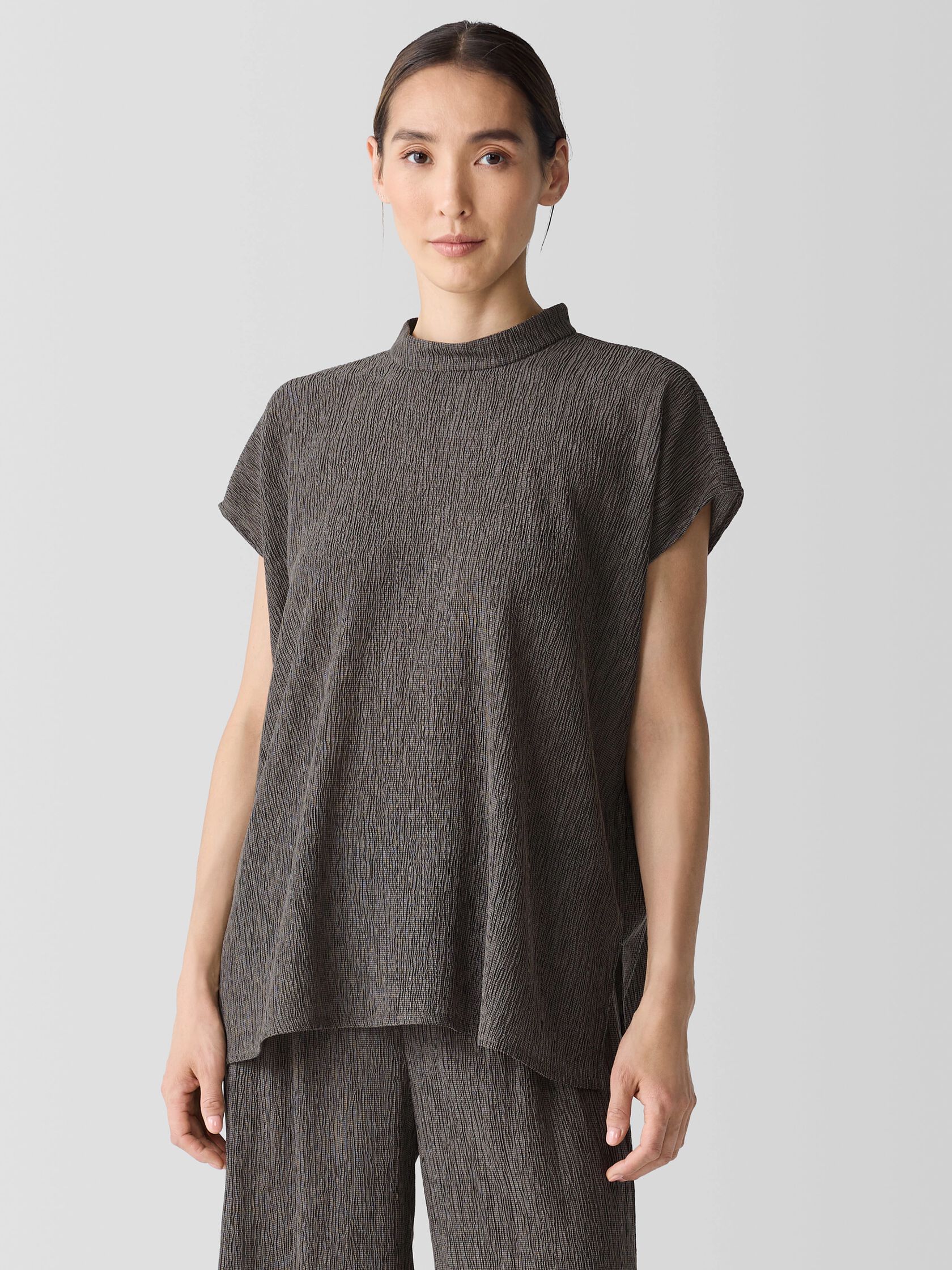 Woven Pliss&eacute; Mock Neck Top