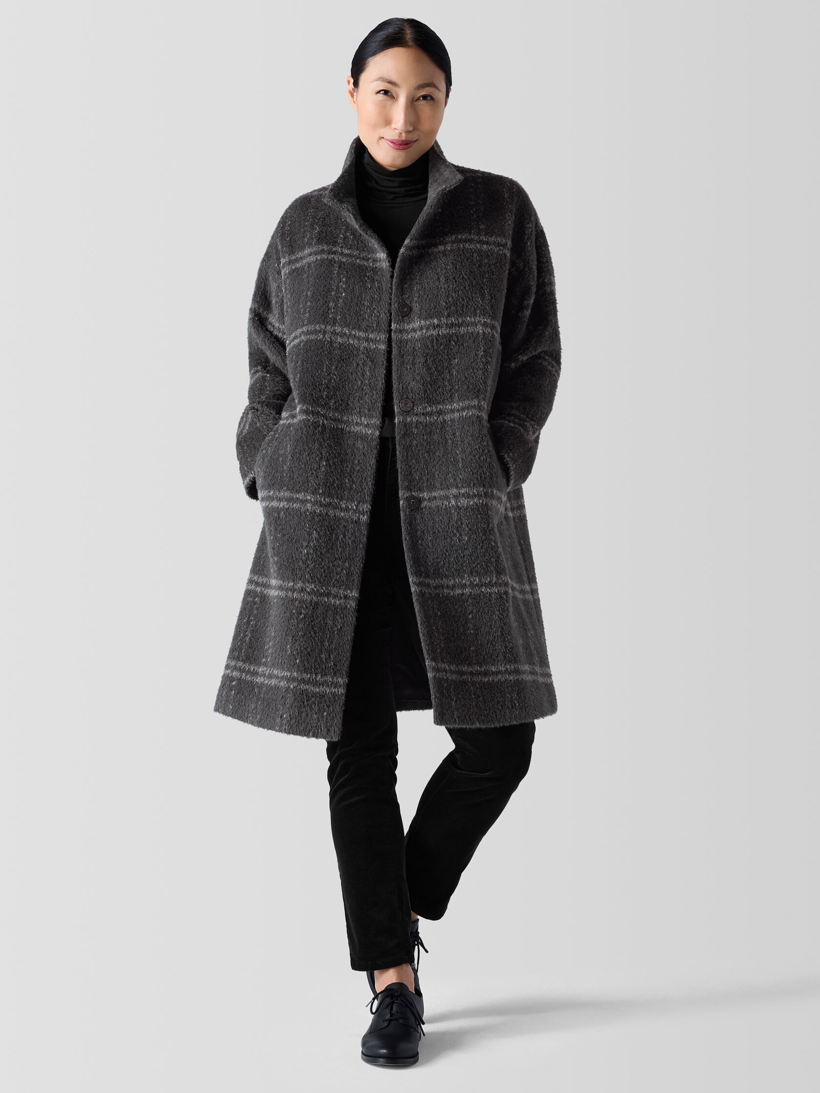Luxe Alpaca Windowpane Stand Collar Coat