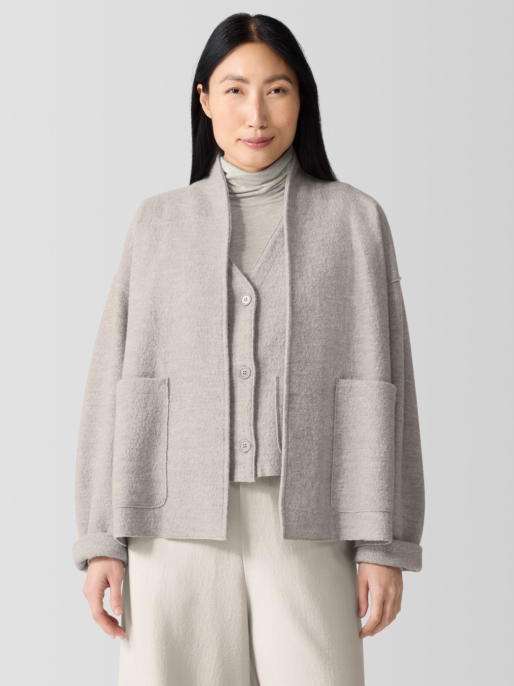 Lightweight Boiled Wool High Collar Jacket in Regenerative Wool