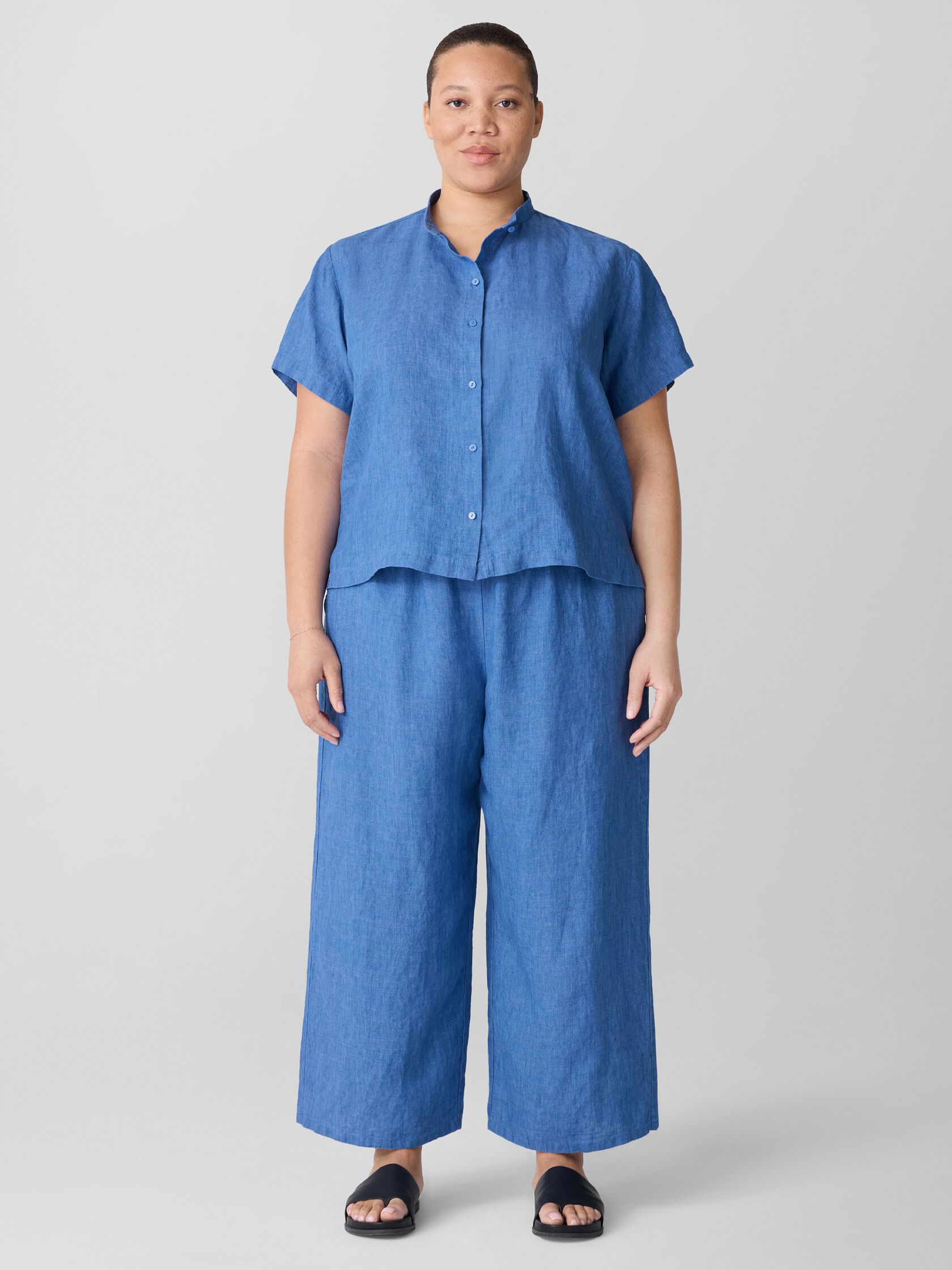 Washed Organic Linen D&eacute;lav&eacute; Band Collar Shirt