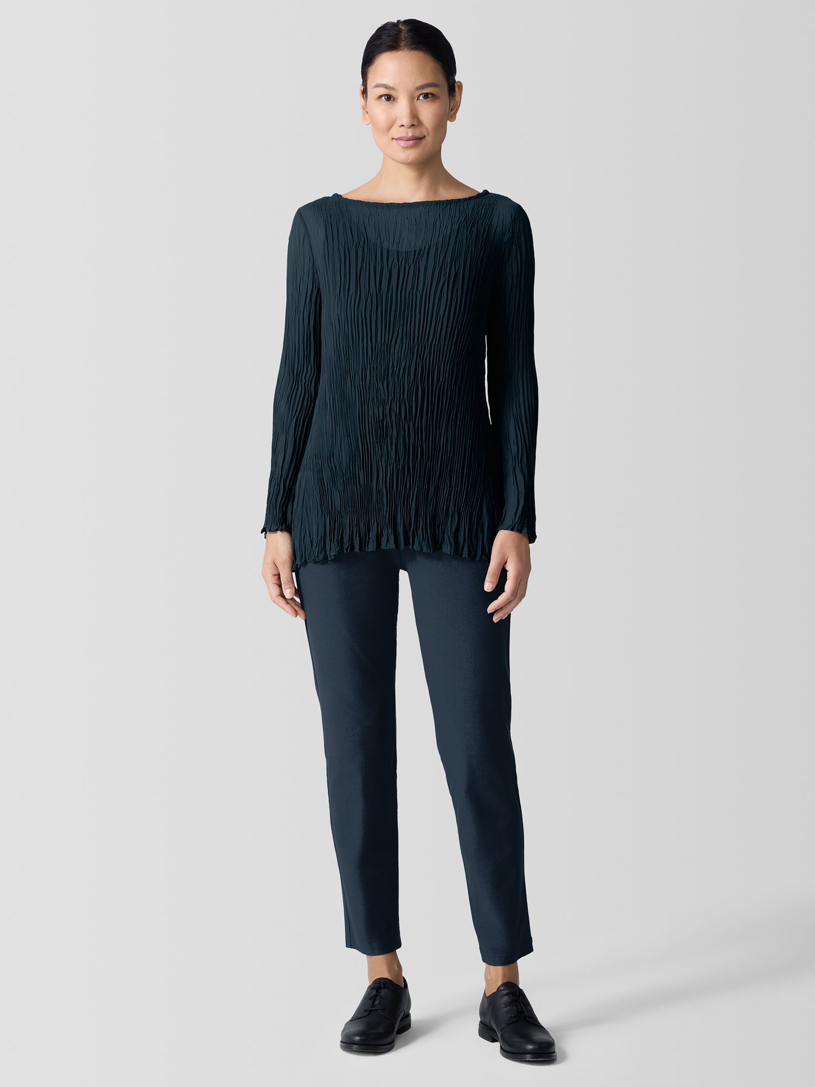 Crinkled Sheer Silk Georgette&nbsp;Bateau Neck Long Top