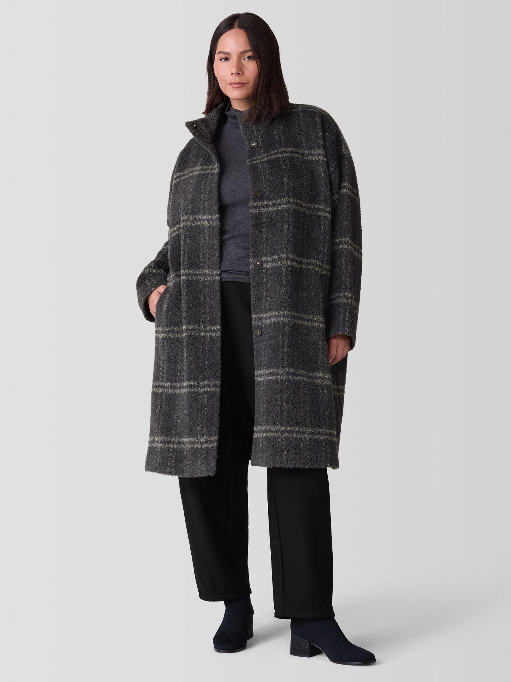 Luxe Alpaca Windowpane Stand Collar Coat