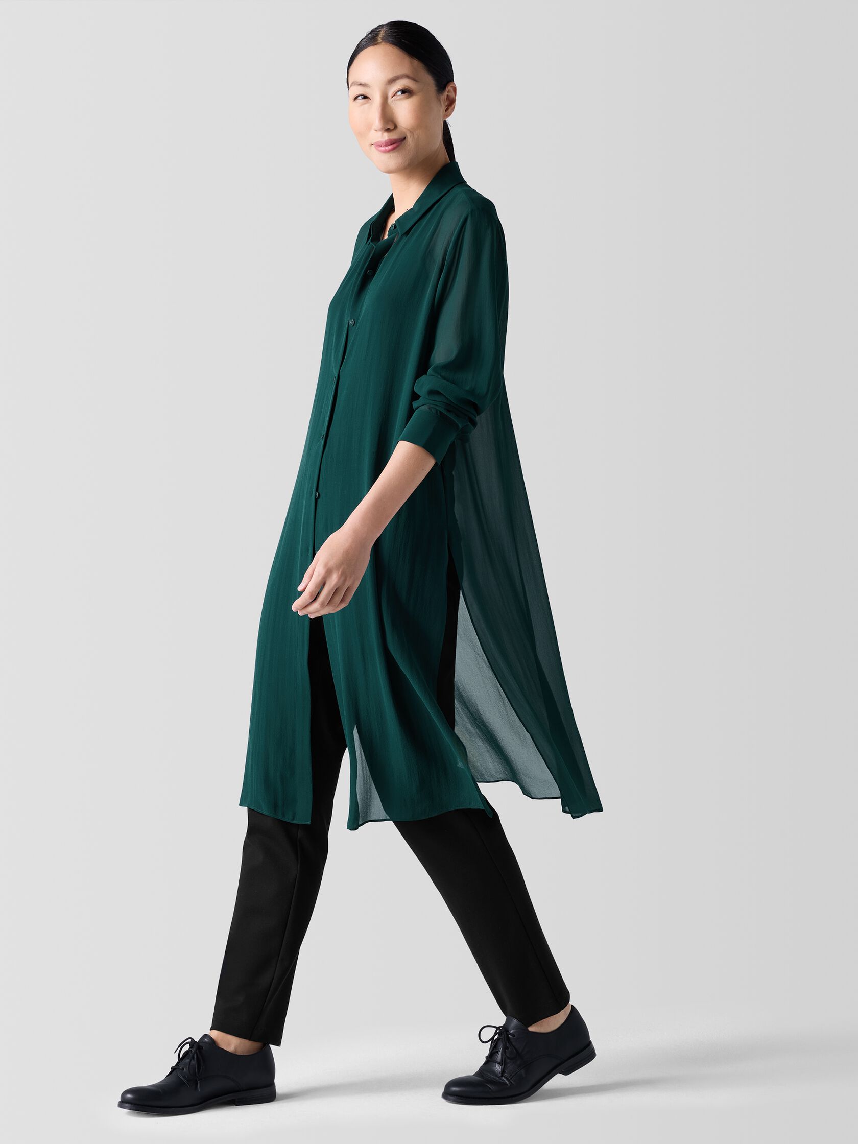 Sheer Silk Georgette Classic Collar Long Shirt