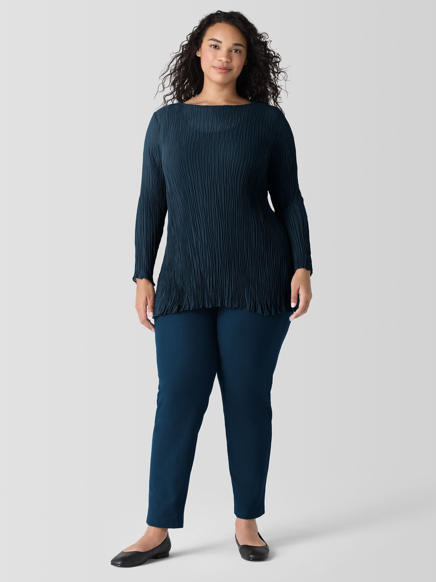 Crinkled Sheer Silk Georgette&nbsp;Bateau Neck Long Top