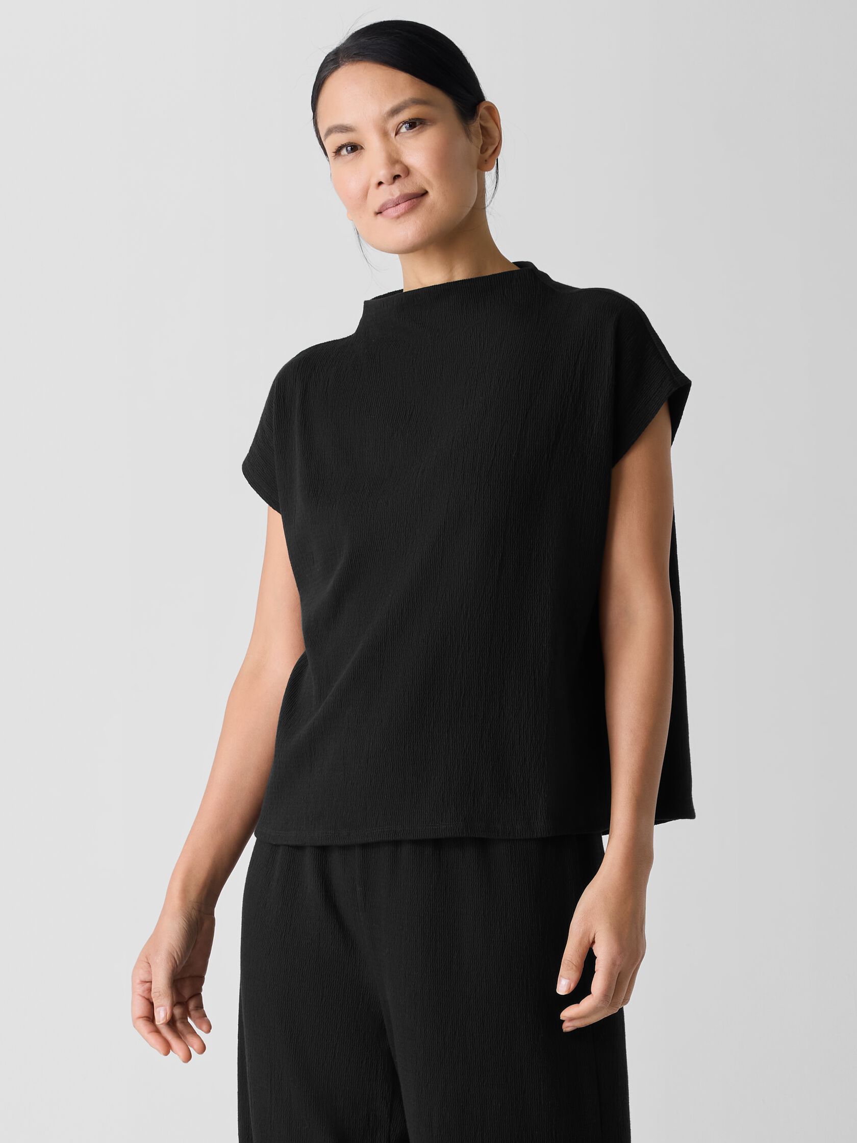 Crinkled Jersey Funnel Neck Top