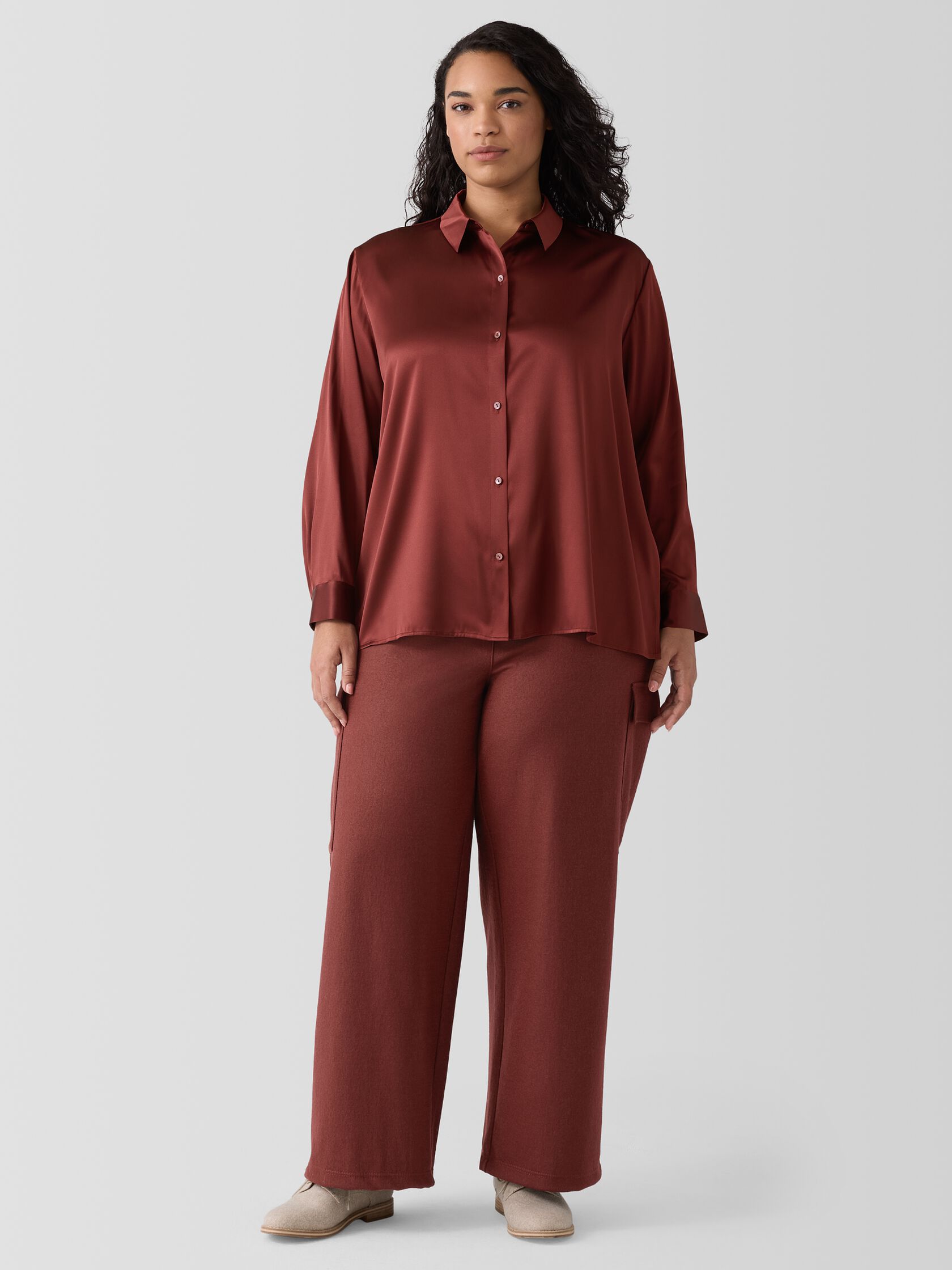 Stretch Silk Charmeuse Classic Collar Shirt