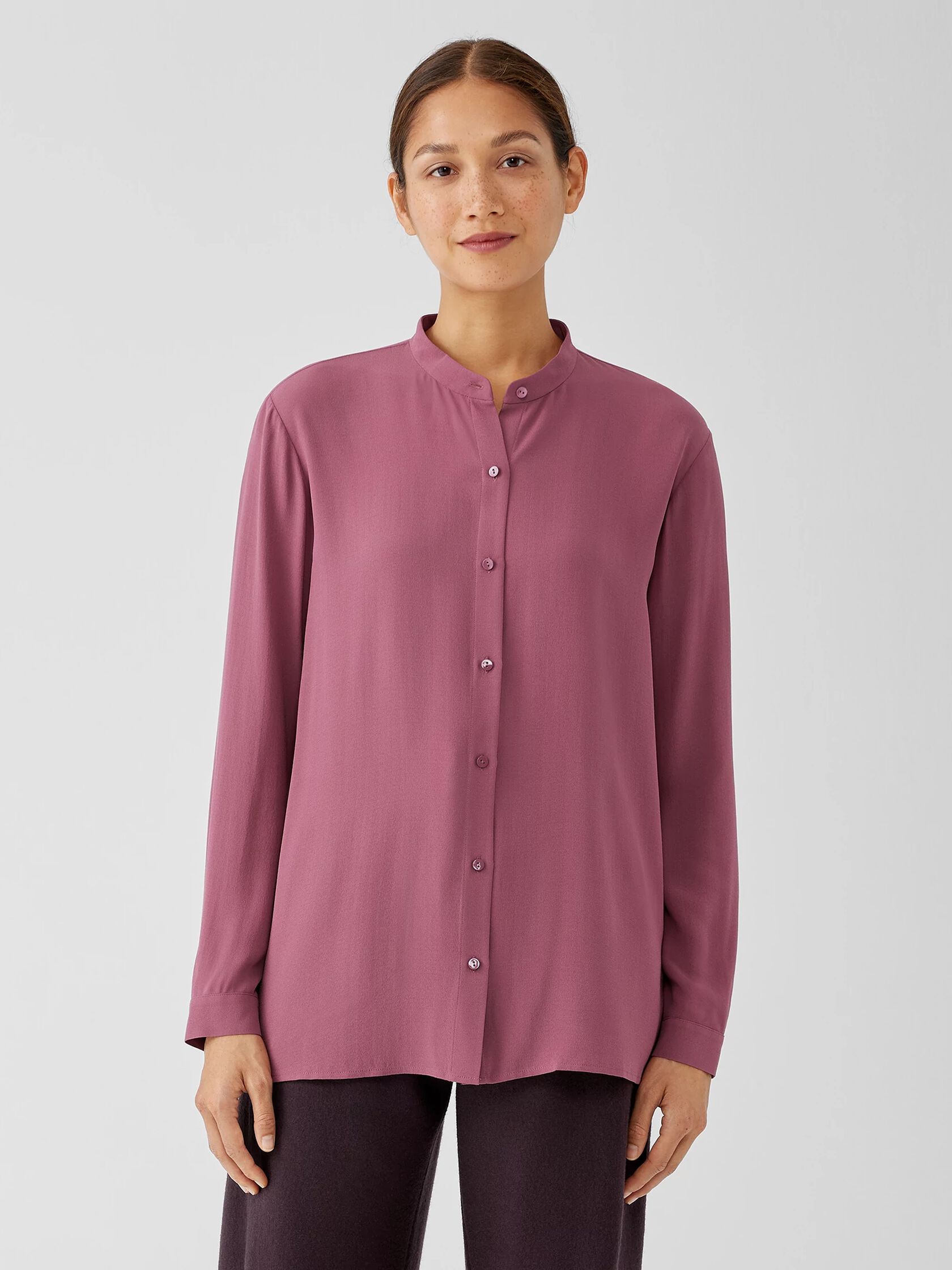 Silk Georgette Crepe Mandarin Collar Shirt