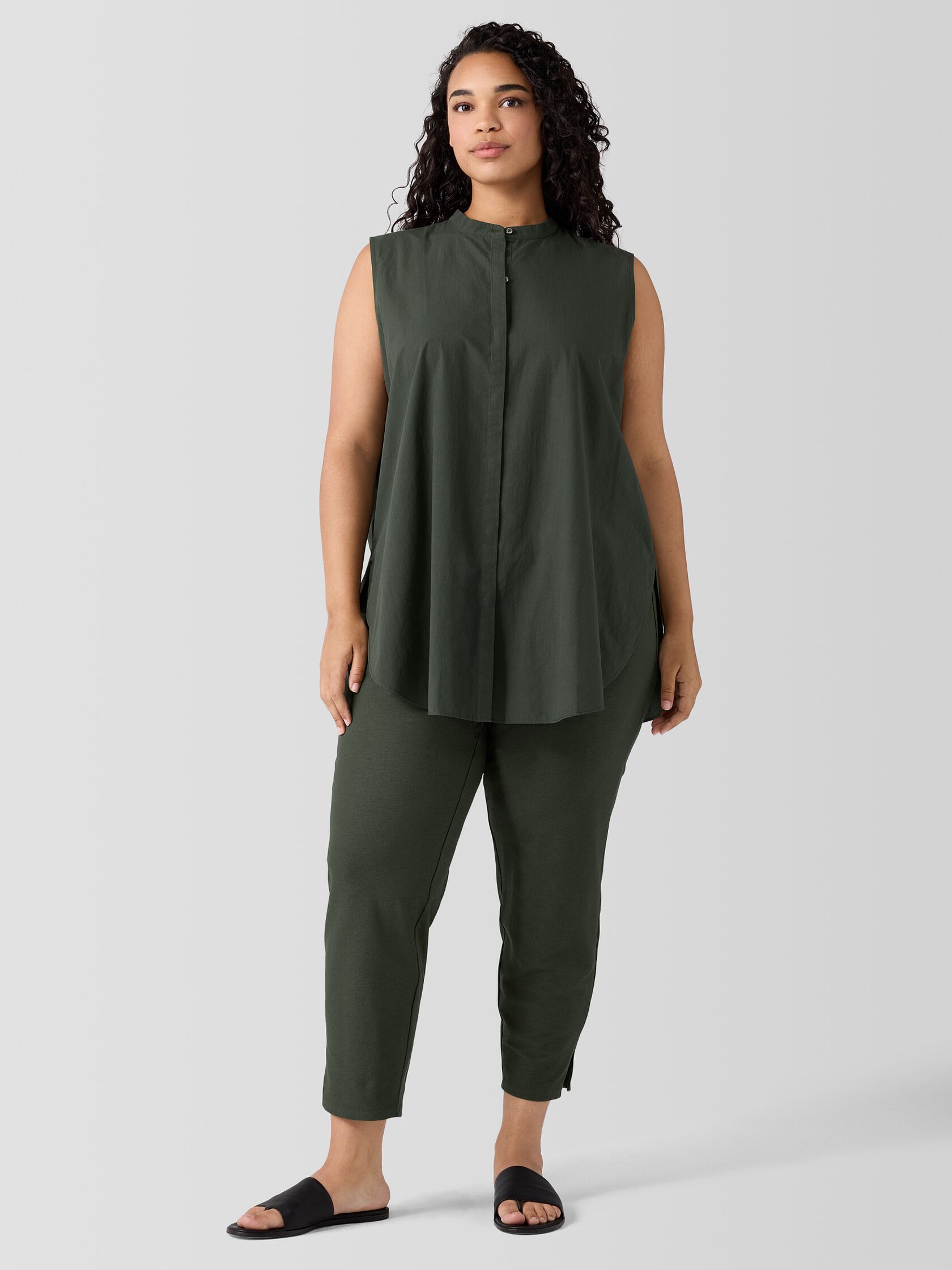 Washed Organic Cotton Poplin Band Collar Shirt